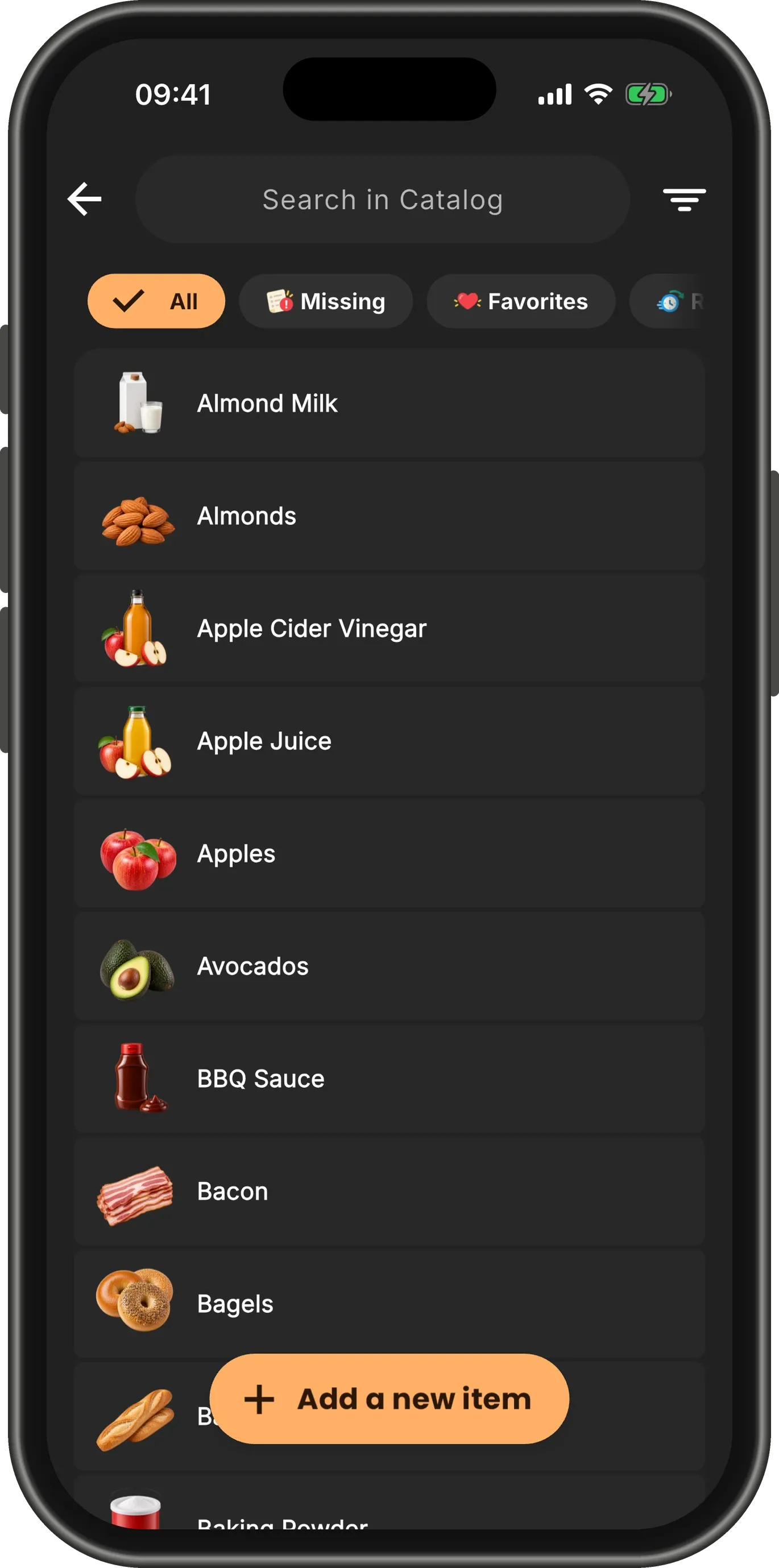 Catalog: a search field, filter chips and every item listed alphabetically with its picture.