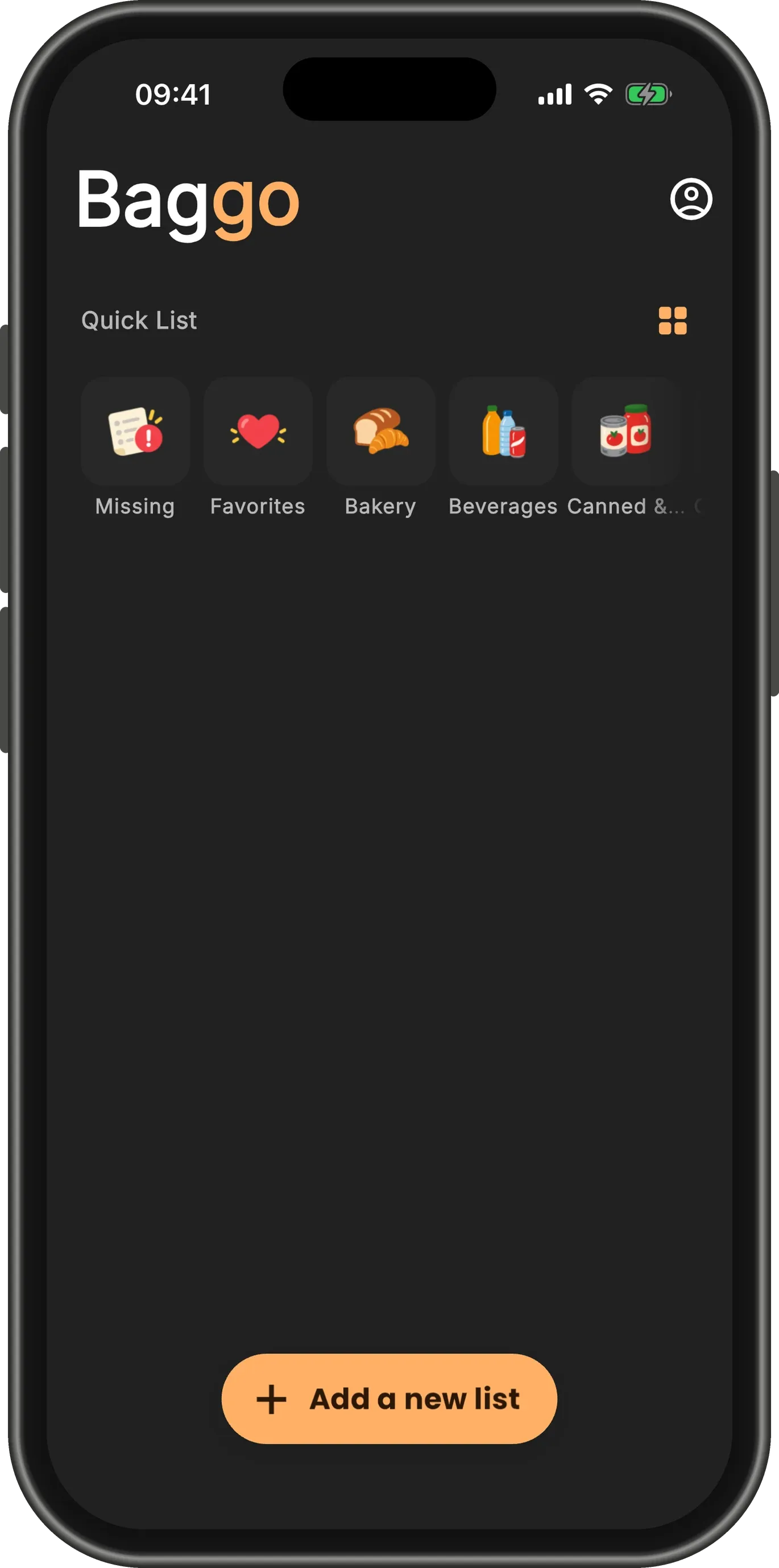 The Baggo home screen with no lists yet: the Quick List row of shelves at the top and an orange "Add a new list" button at the bottom.