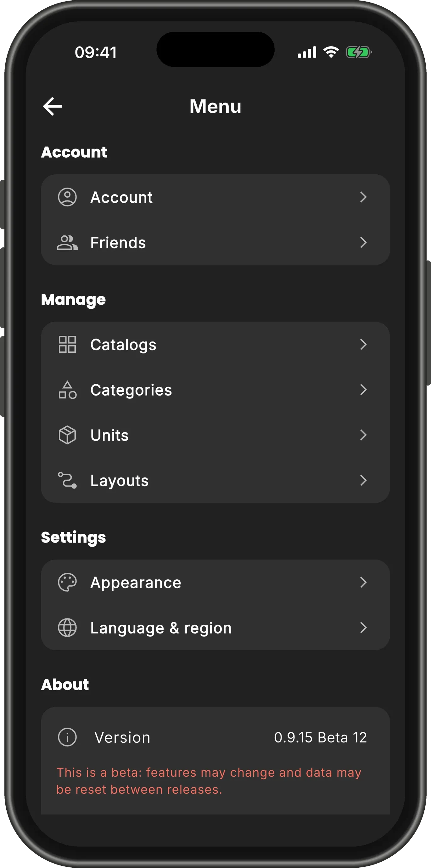The Menu: Account and Friends, then Catalogs, Categories, Units and Layouts under Manage.