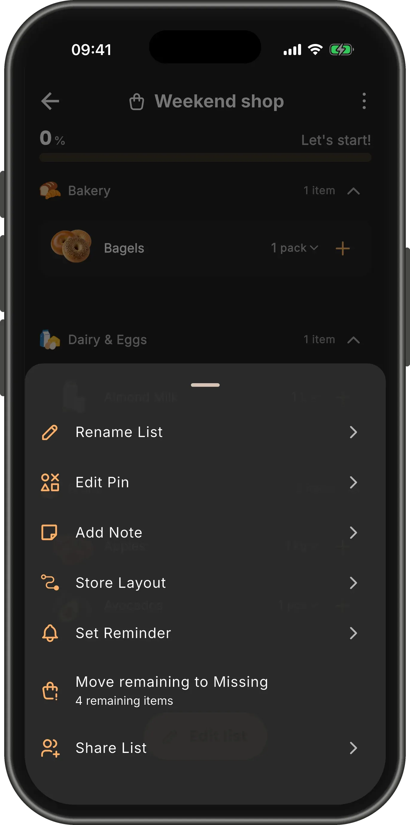 The "Weekend shop" list with its menu open: Rename List, Edit Pin, Add Note, Store Layout, Set Reminder, Move remaining to Missing and Share List.