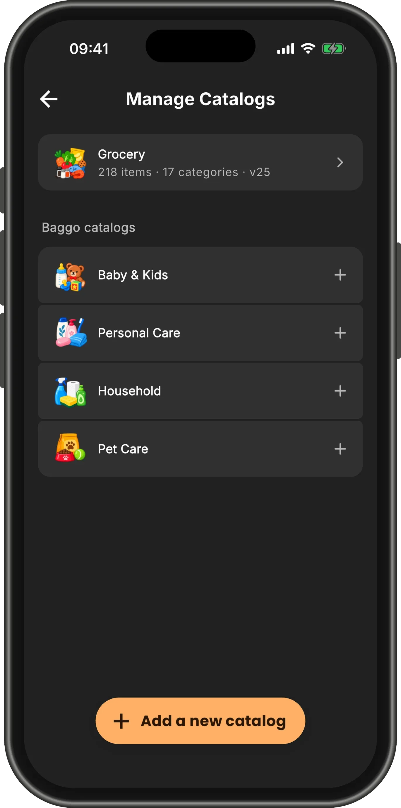 The Manage Catalogs screen: Grocery installed at the top, and Baby & Kids, Personal Care, Household and Pet Care under Baggo catalogs.