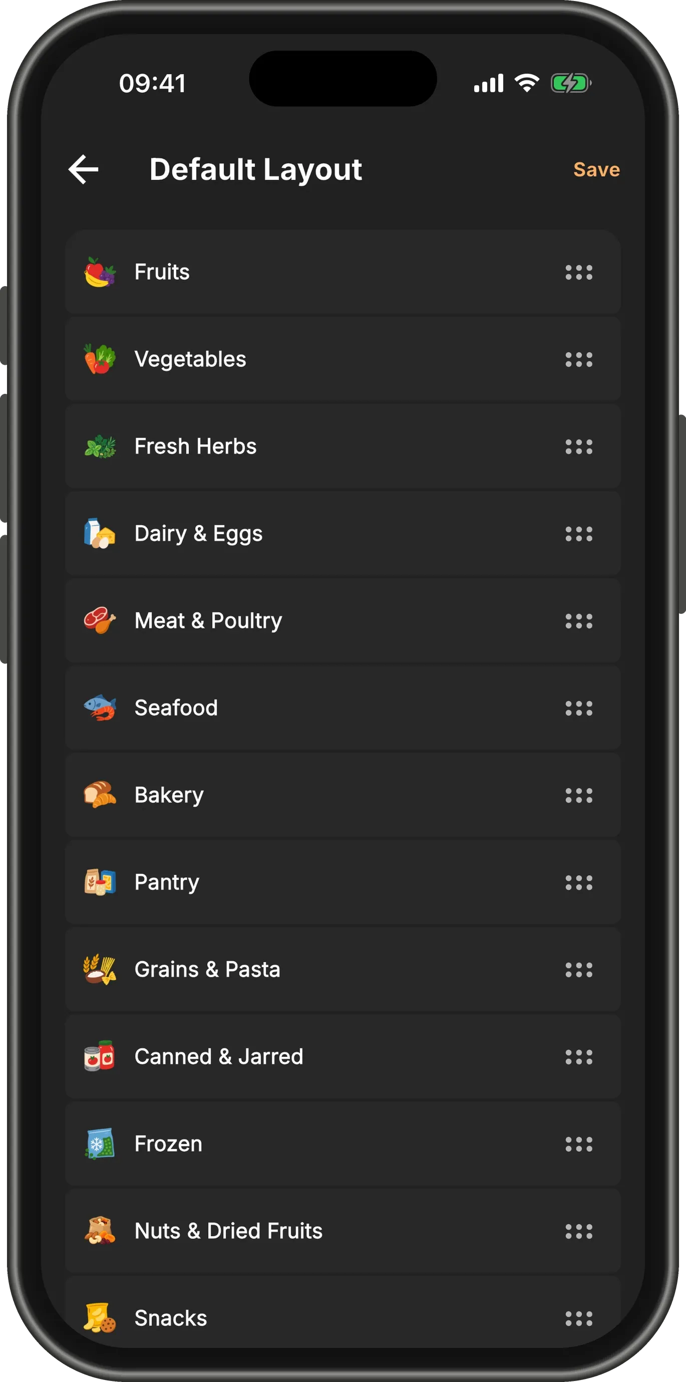 The Default Layout: shelves from Fruits and Vegetables to Snacks, each with a drag handle, and a Save button.