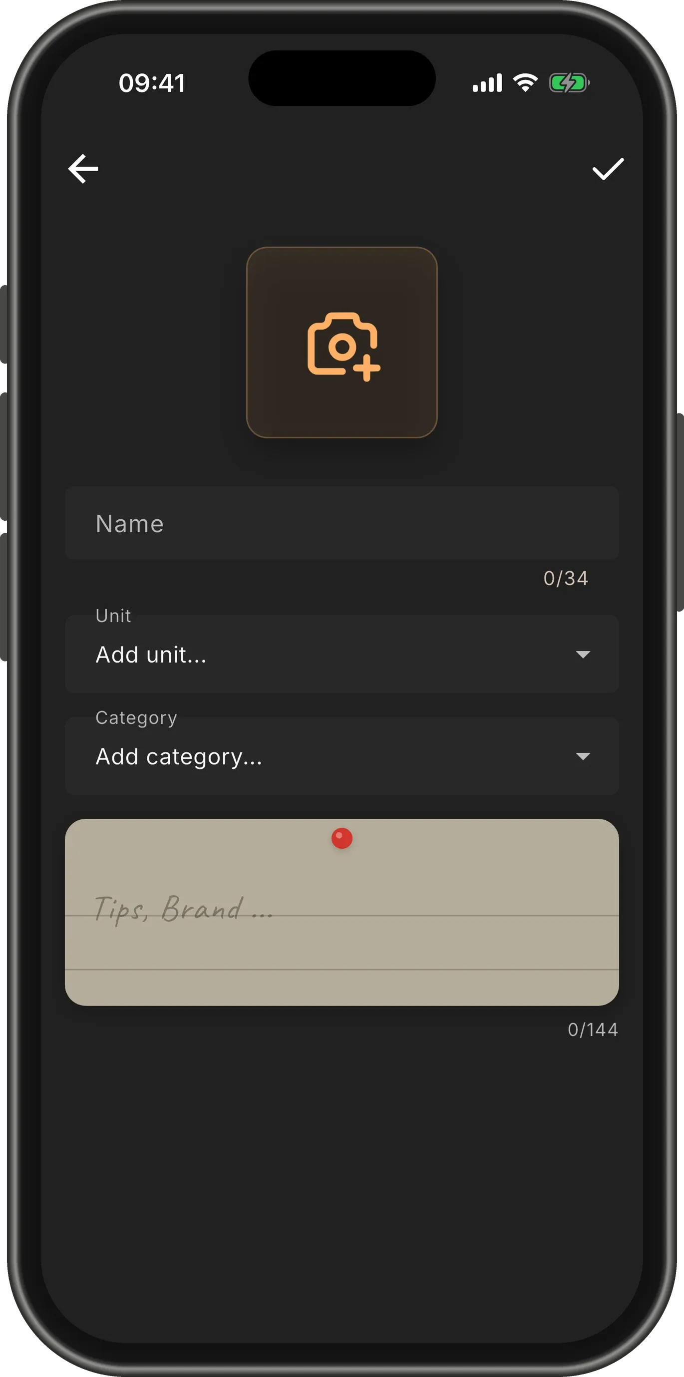 The new item form: a camera square for the photo, then Name, Unit and Category fields and a paper note.