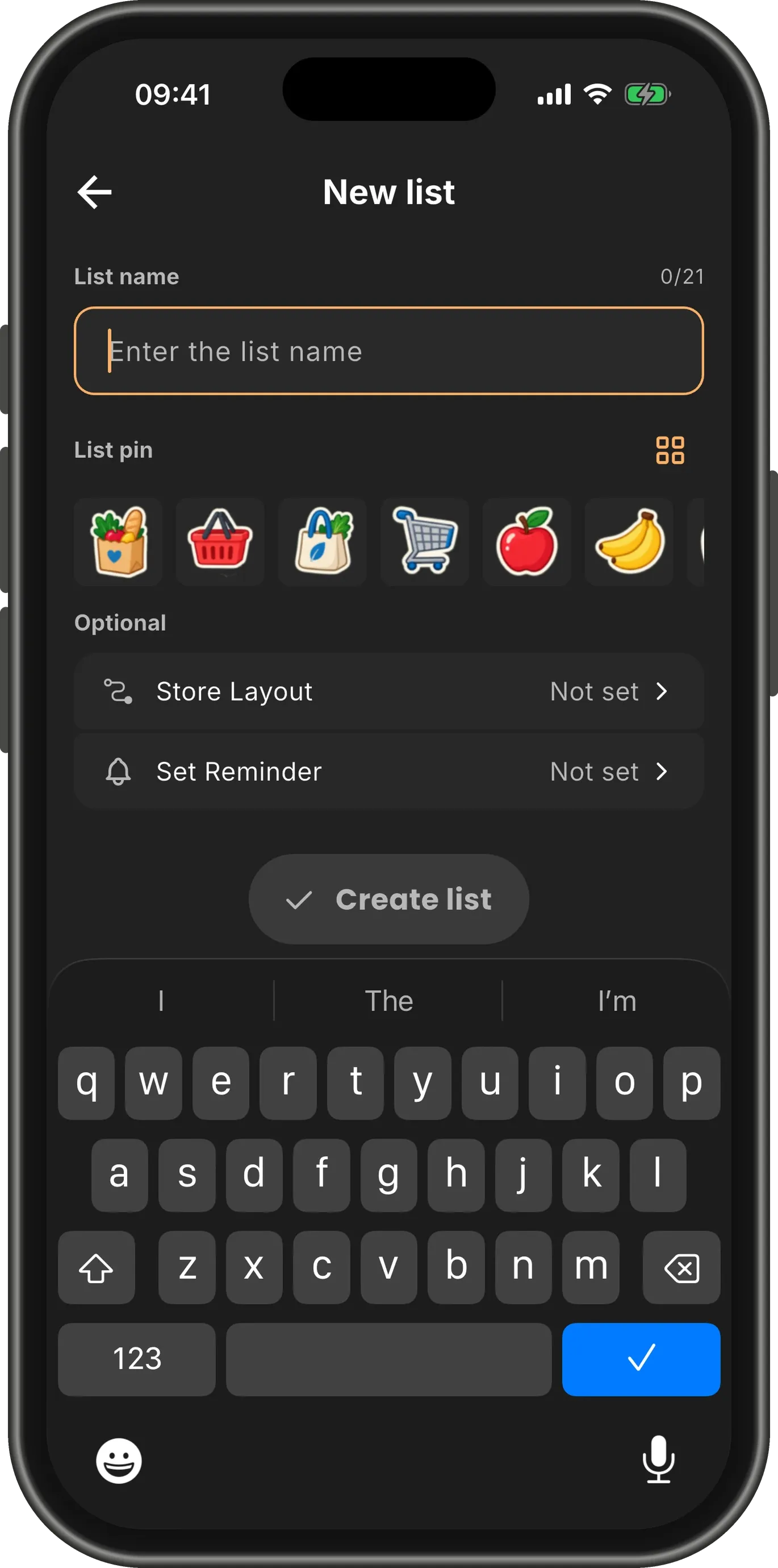 The New list form, its empty name field focused and the keyboard open.