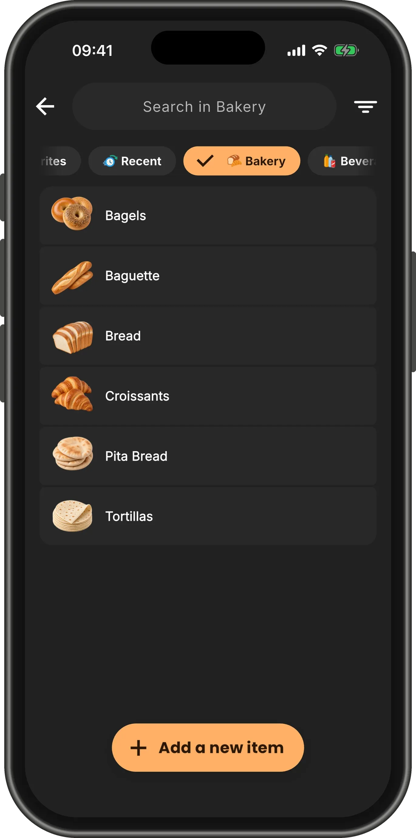 Catalog showing only the Bakery shelf: Bagels, Baguette, Bread, Croissants, Pita Bread and Tortillas.