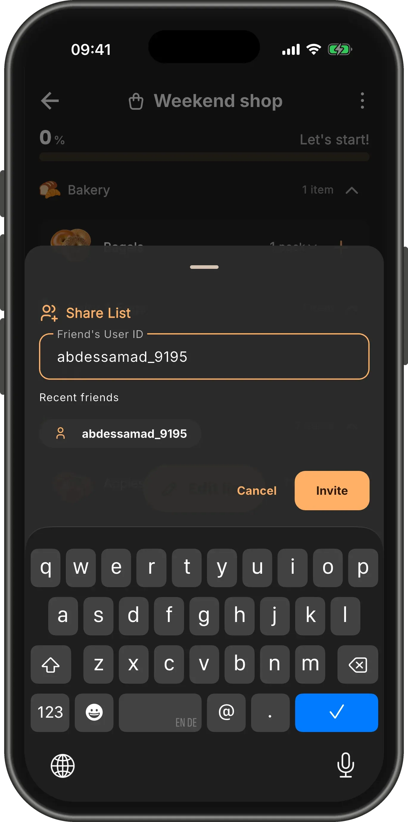 The Share List sheet with "abdessamad_9195" typed into the Friend’s User ID field, a chip for a recent friend below it and an Invite button.