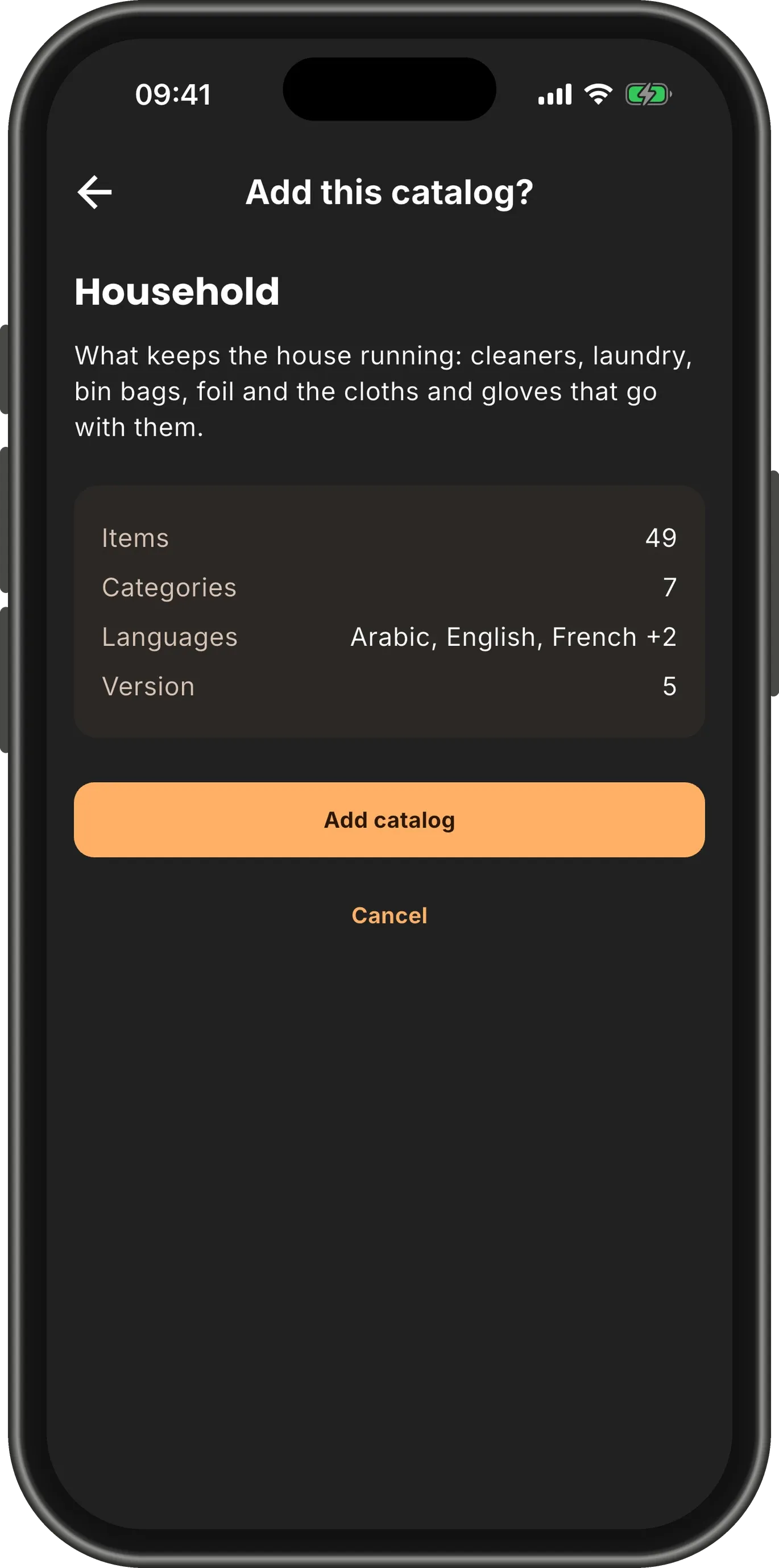 The "Add this catalog?" screen for Household: its description, 49 items, 7 categories, its languages, and an "Add catalog" button.