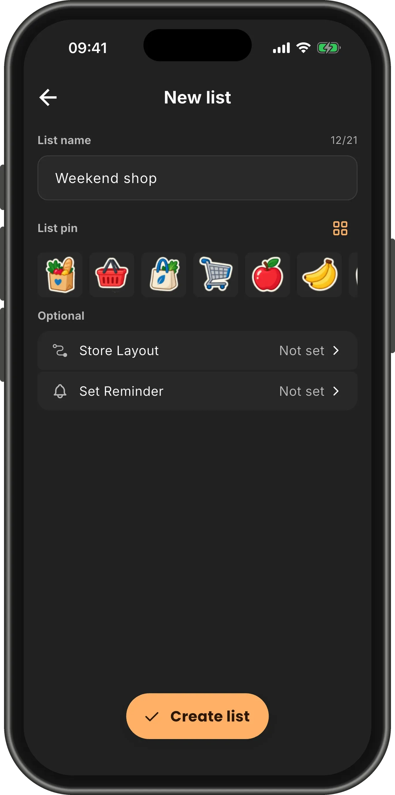 The New list form with the name "Weekend shop" typed in, a row of pins below it and the "Create list" button enabled.
