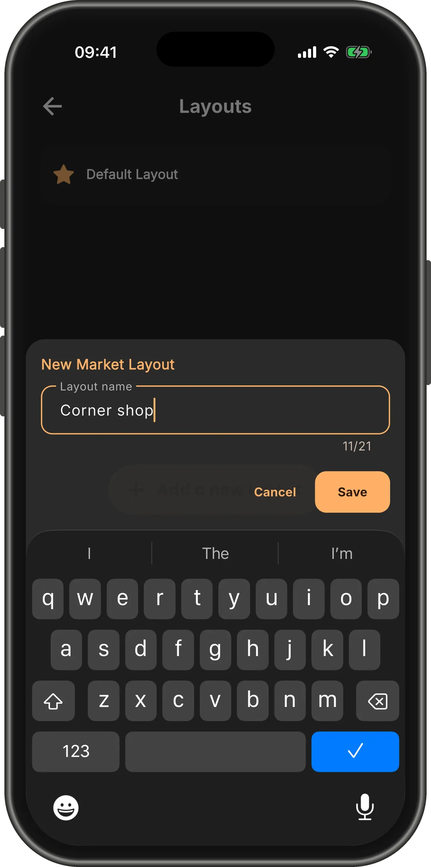 The New Market Layout sheet with the name "Corner shop" typed in.