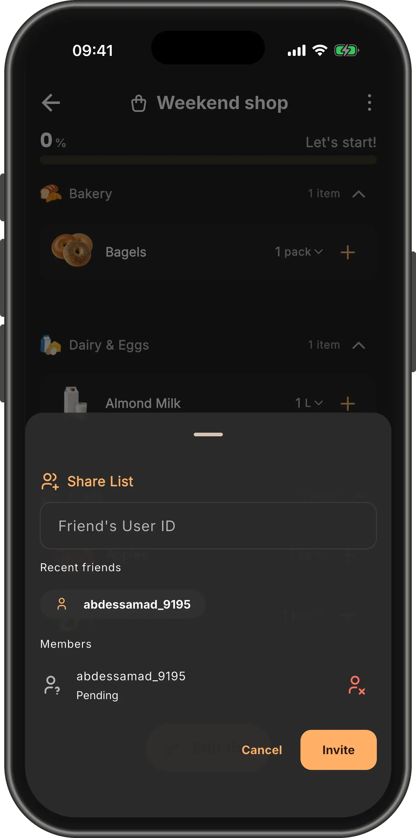 The Share List sheet with a Members section listing abdessamad_9195 as Pending.
