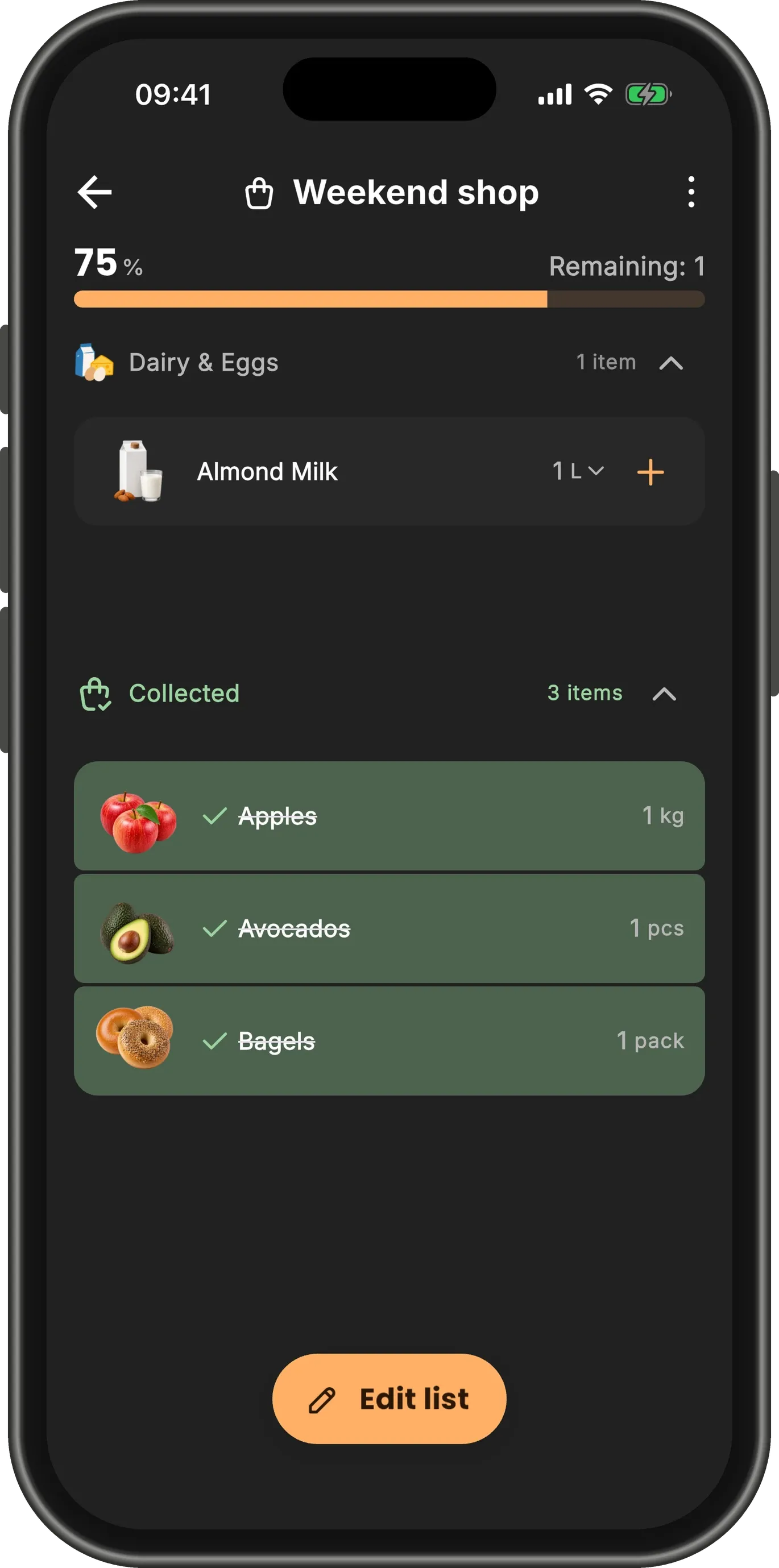The list at 75% with Almond Milk still to buy and the Collected section open, showing Apples, Avocados and Bagels ticked.