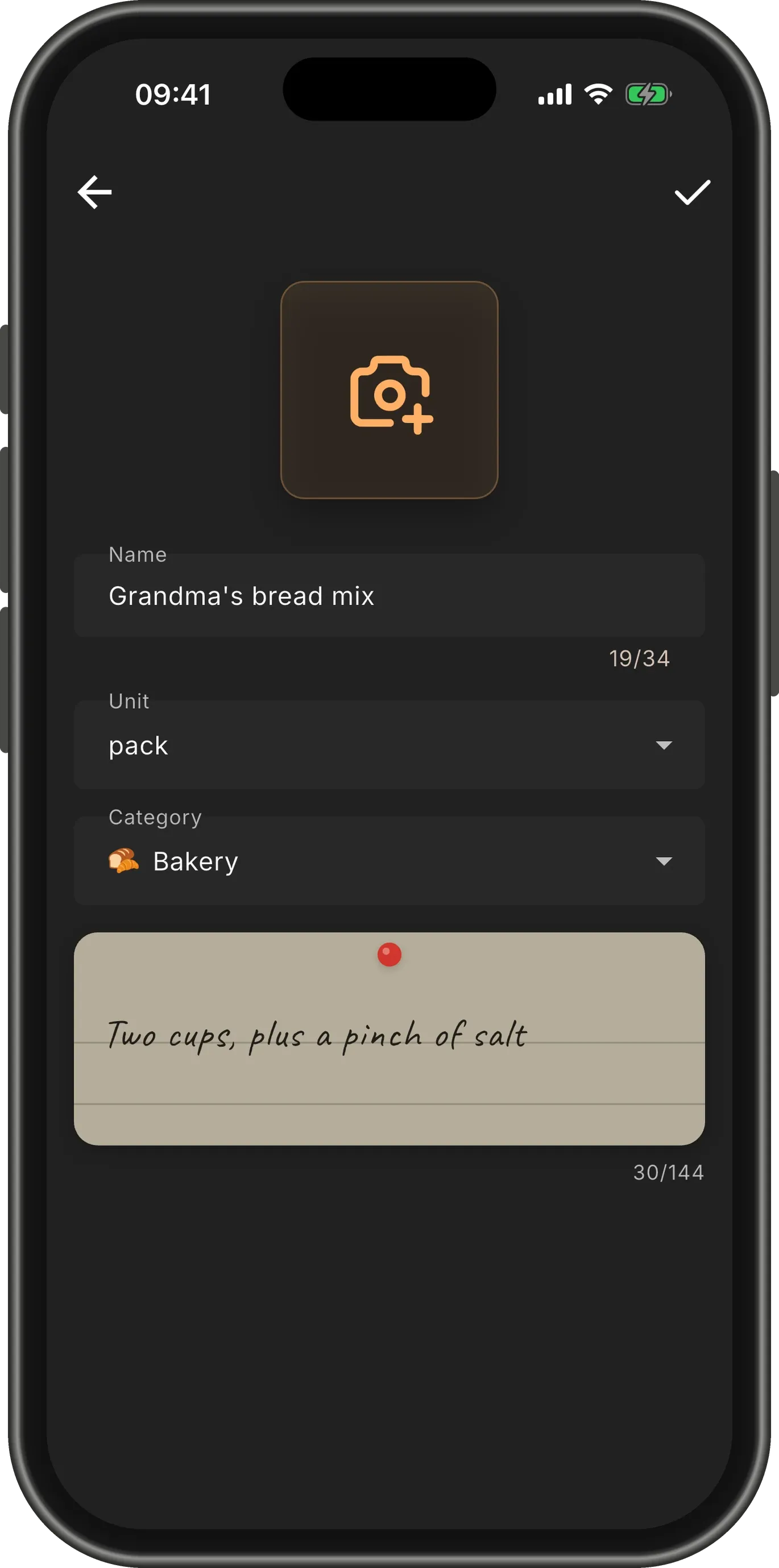 The form filled in: "Grandma's bread mix", unit "pack", shelf "Bakery", and the note "Two cups, plus a pinch of salt".