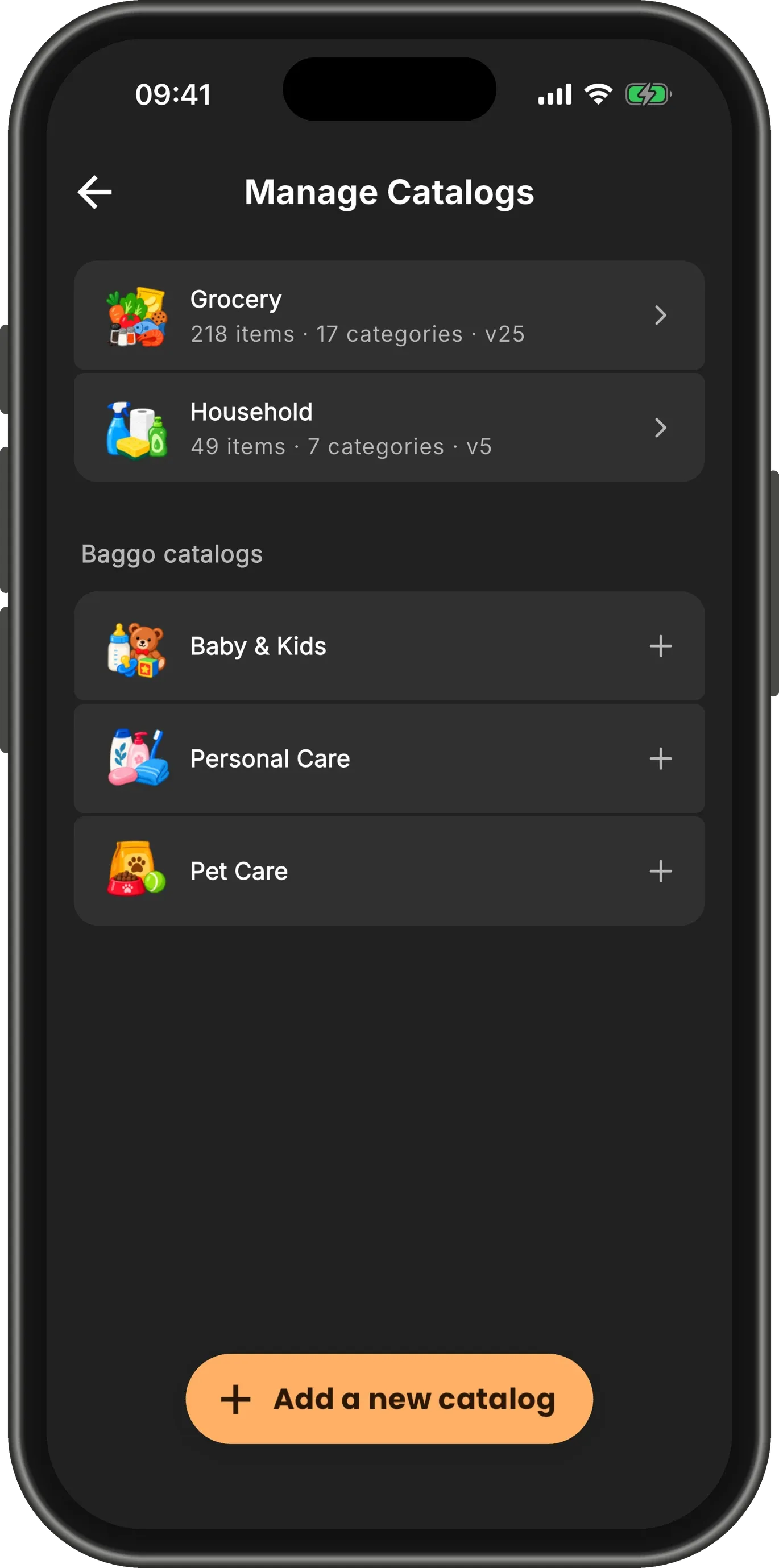 The Manage Catalogs screen, with Household now installed under Grocery.