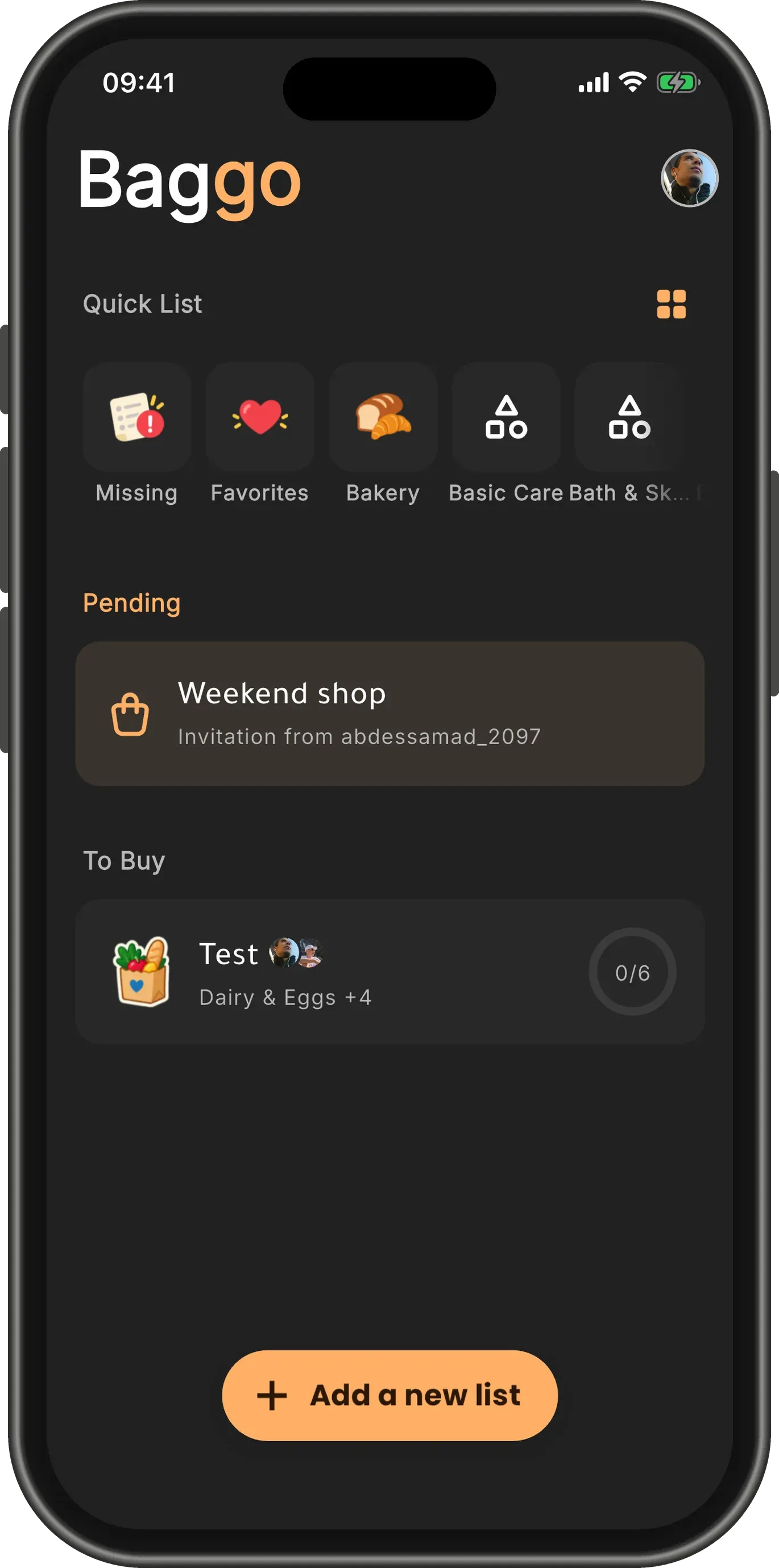 A friend’s home screen with a Pending card reading "Weekend shop — Invitation from abdessamad_2097" above their own lists.