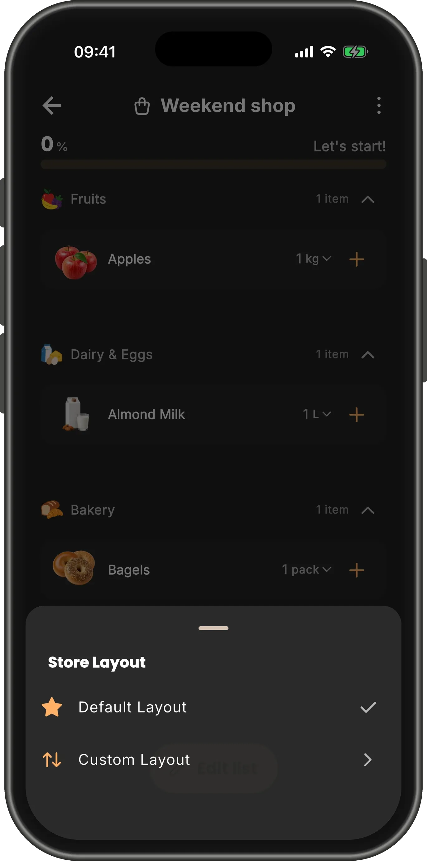 The Store Layout sheet over a list, offering Default Layout, ticked, and Custom Layout.