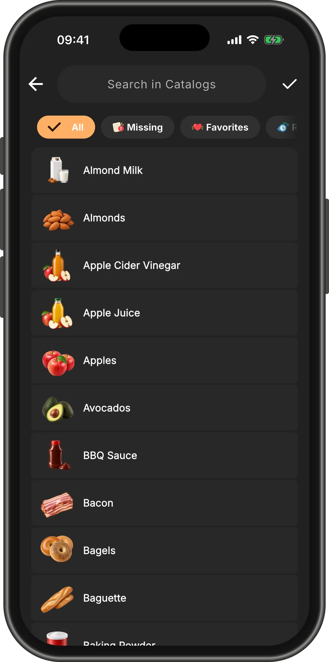 The item picker: a search field, filter chips for All, Missing and Favorites, and every item listed alphabetically with its picture.