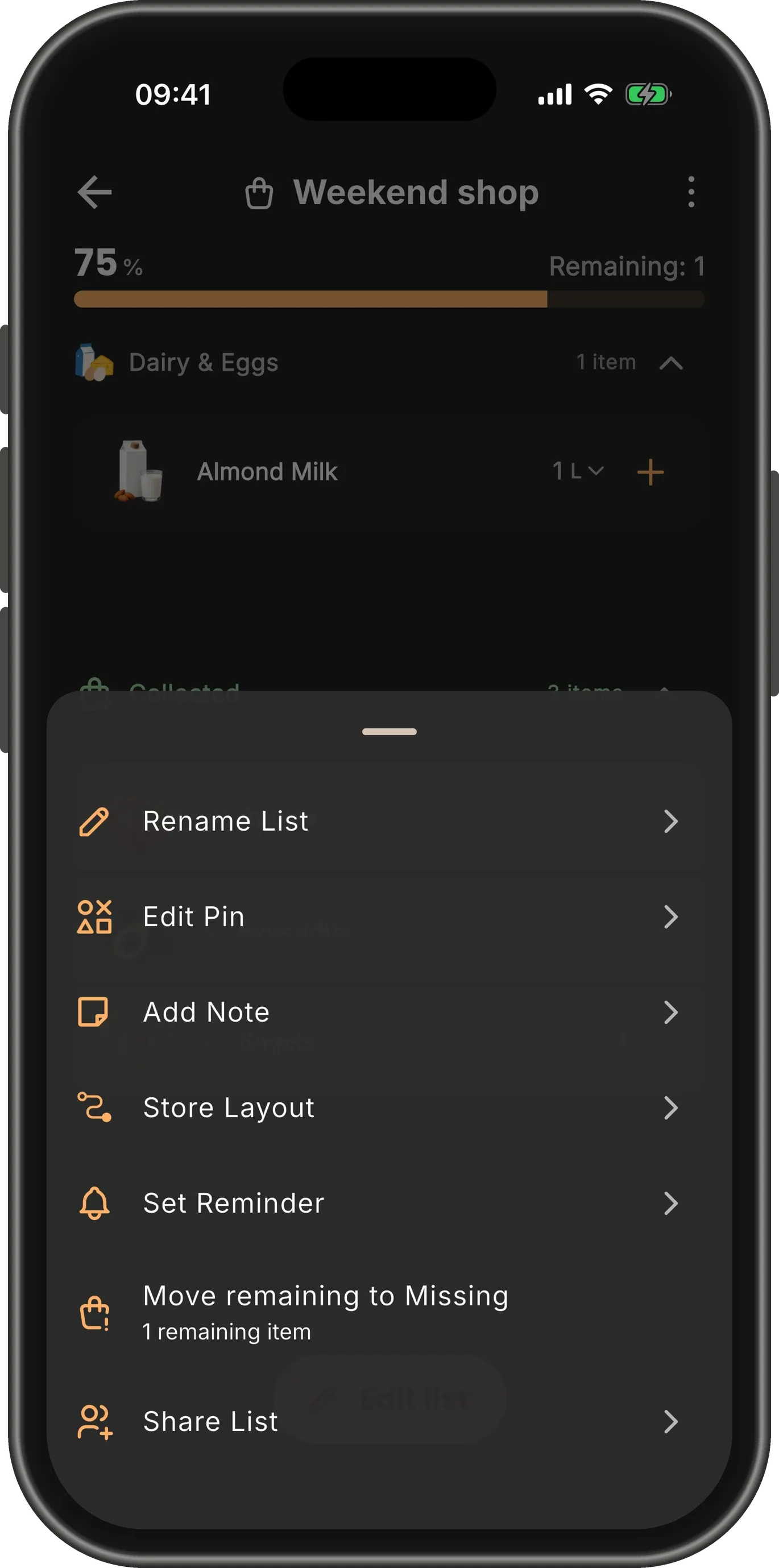 The list’s menu open over the list, with "Move remaining to Missing — 1 remaining item" among its options.