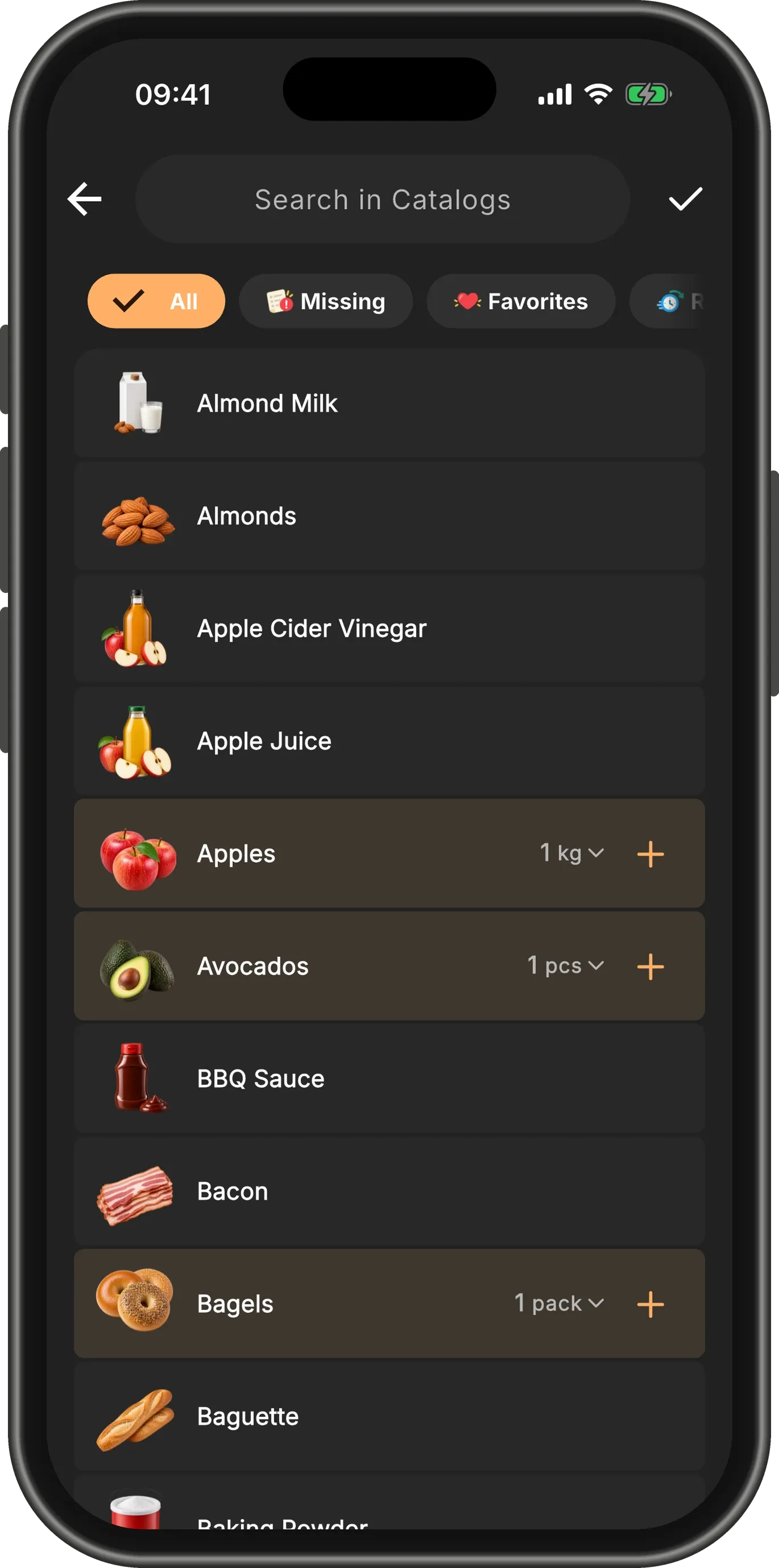 The item picker with Apples, Avocados and Bagels highlighted, each showing an amount and unit such as "1 kg" and a plus button.