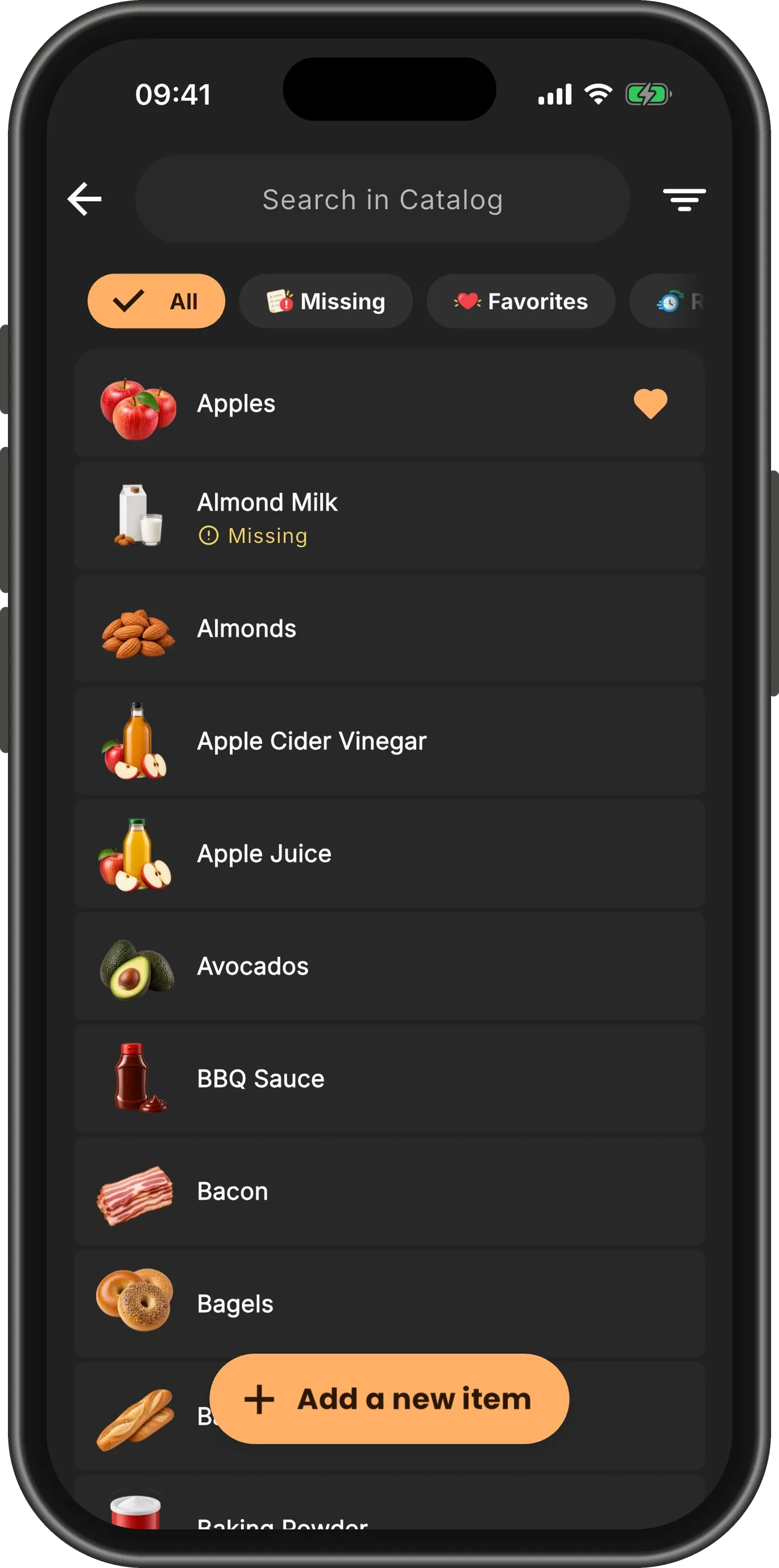 Catalog with the "Add a new item" button at the bottom.