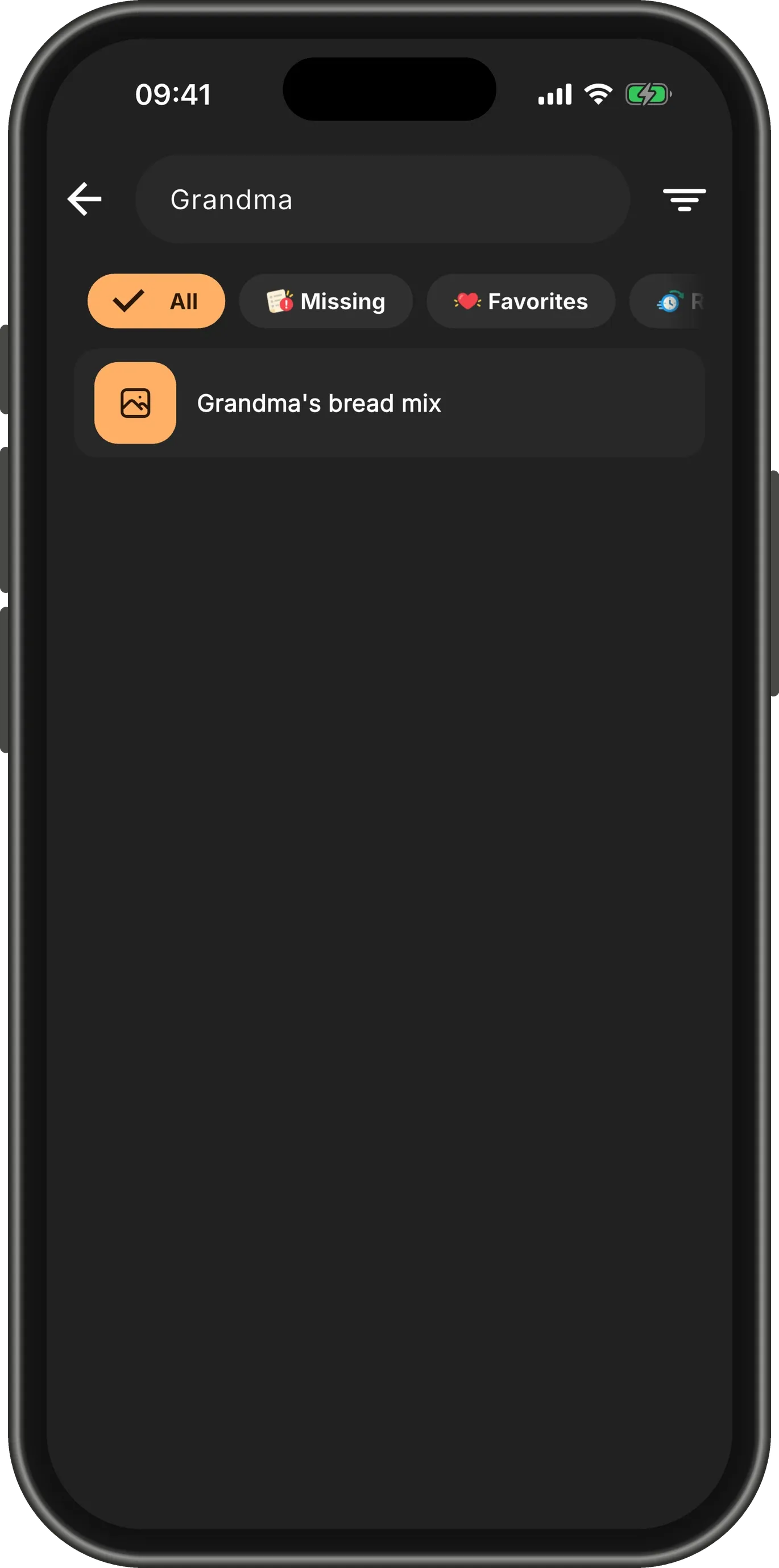 Catalog searched for "Grandma", showing the single item "Grandma's bread mix".