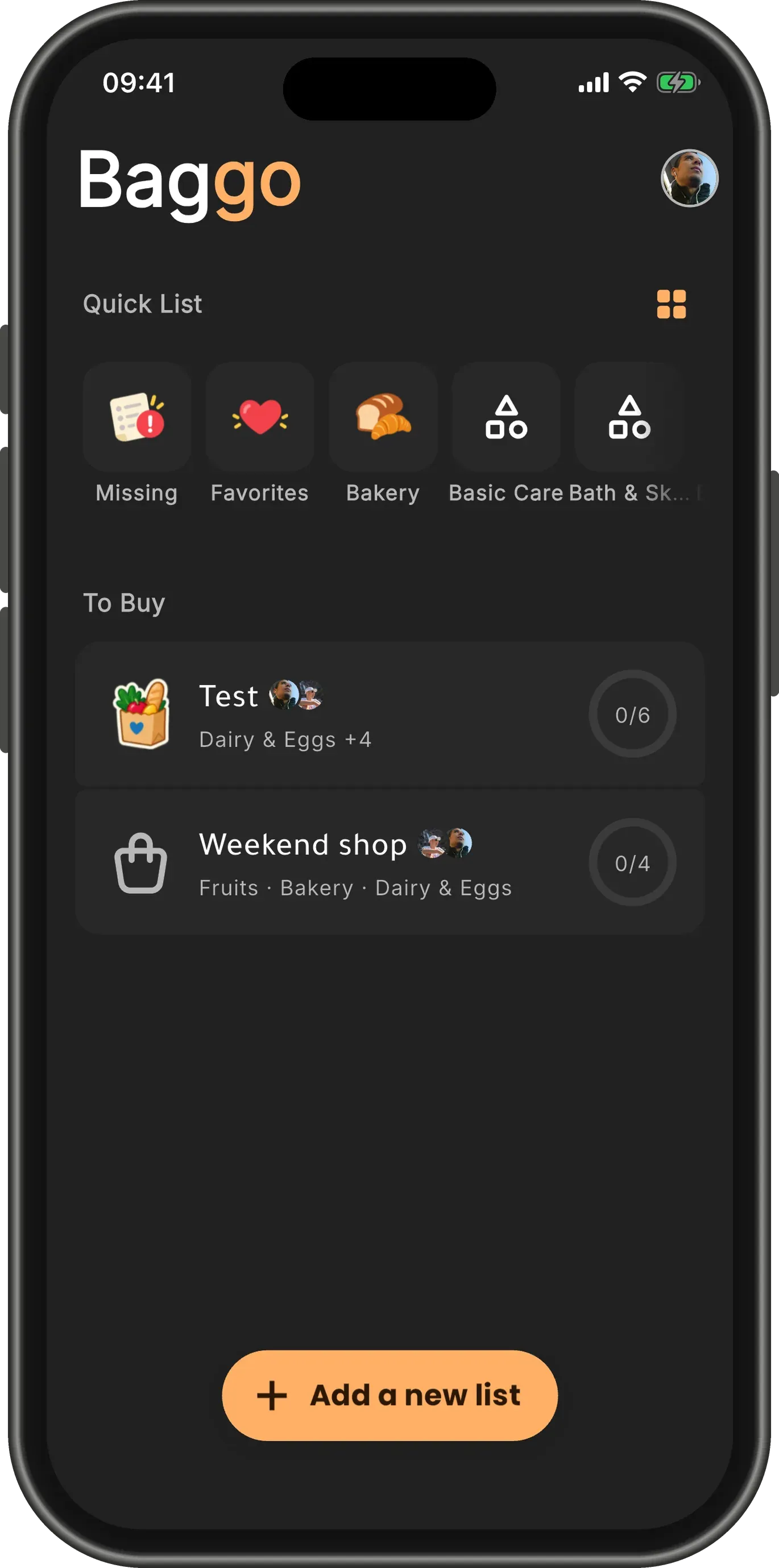 The home screen with "Weekend shop" under To Buy beside the Test list, each card wearing a pair of small profile pictures.