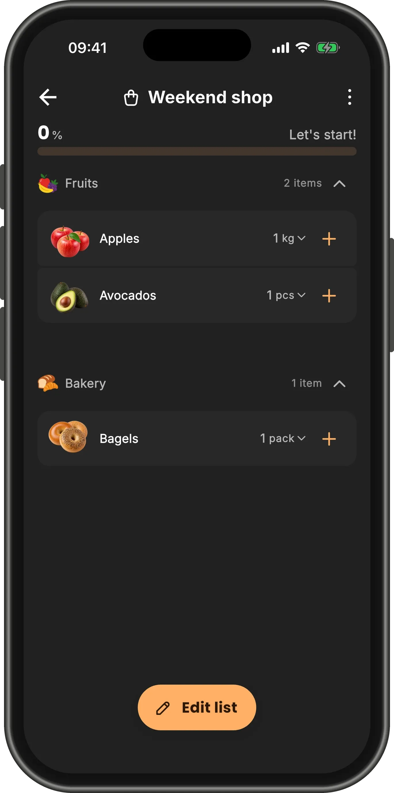 The "Weekend shop" list: Apples and Avocados under Fruits, Bagels under Bakery, a progress bar at 0% and an "Edit list" button.