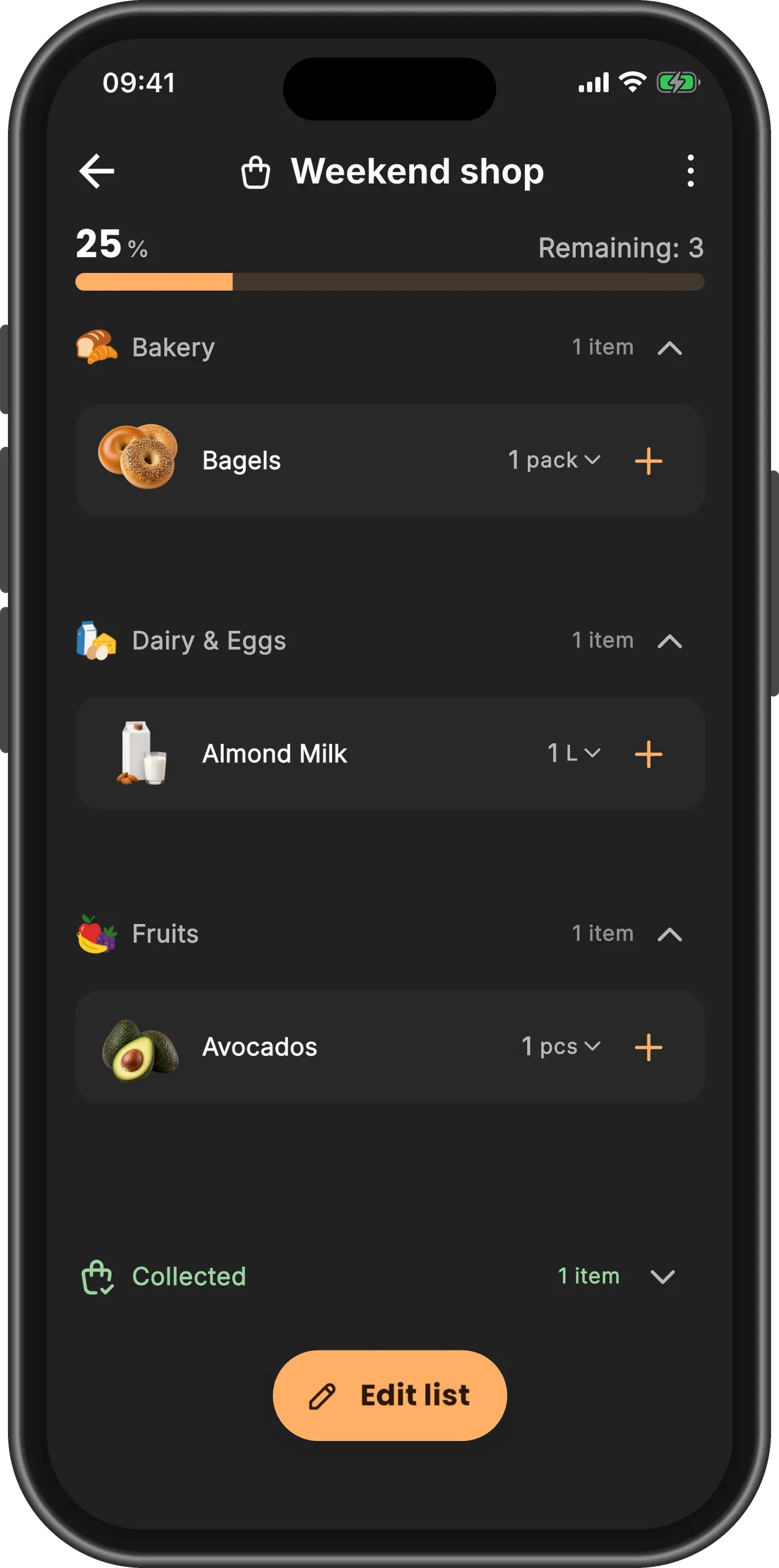 Your friend’s copy of the list at 25%, with Apples gone from Fruits and a Collected section at the bottom.