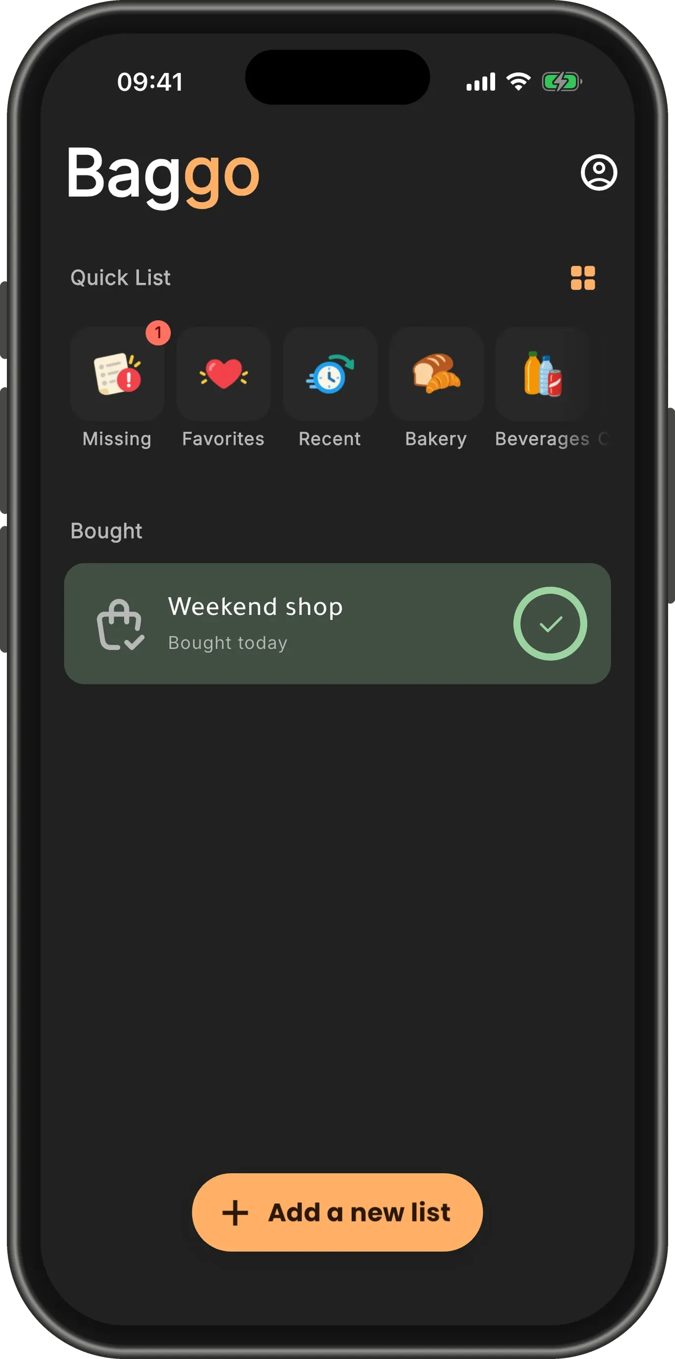 The home screen: "Weekend shop" under Bought, reading "Bought today" with a full green ring, and a red badge of 1 on Missing.