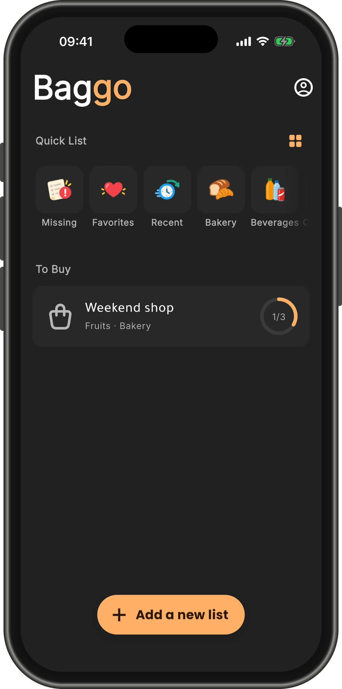 The home screen with a "Weekend shop" card under To Buy, showing "Fruits · Bakery" and a progress ring.