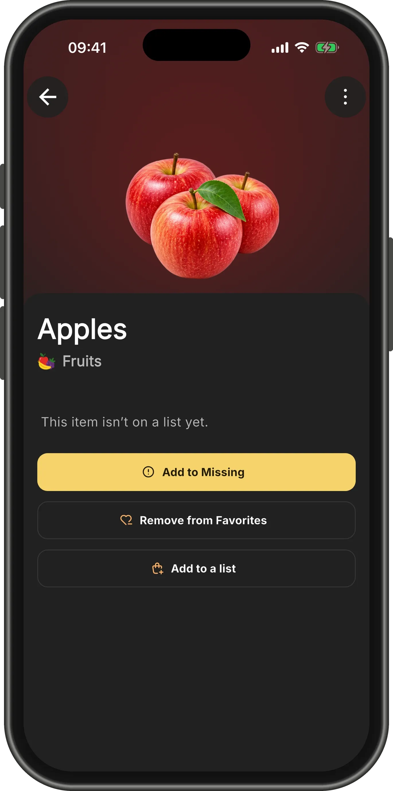 The Apples item screen: a large photo of apples, the name and shelf, and buttons for Add to Missing, Remove from Favorites and Add to a list.