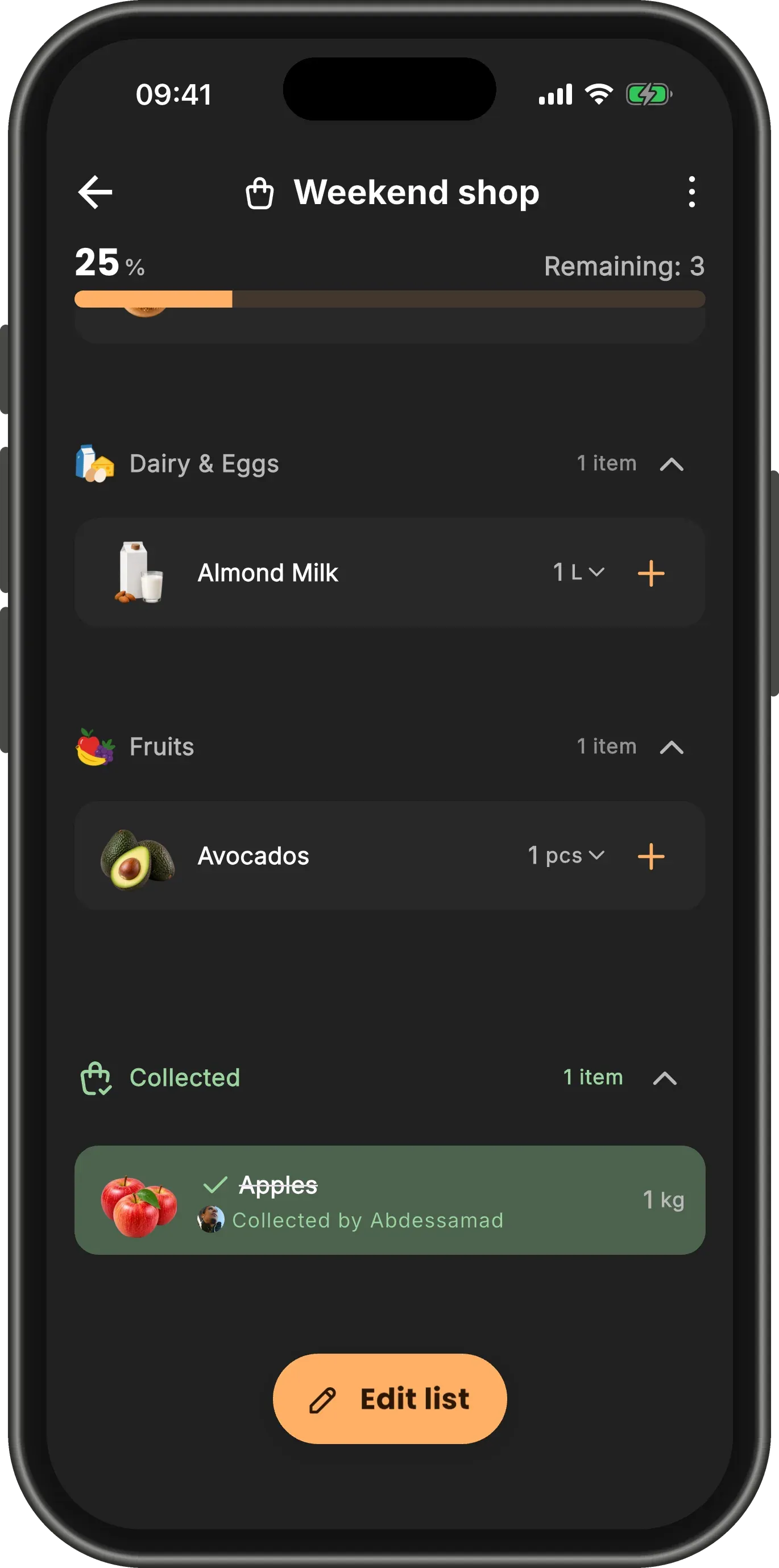 The list on the owner’s phone with Collected open, showing Apples ticked and "Collected by Abdessamad" under it.