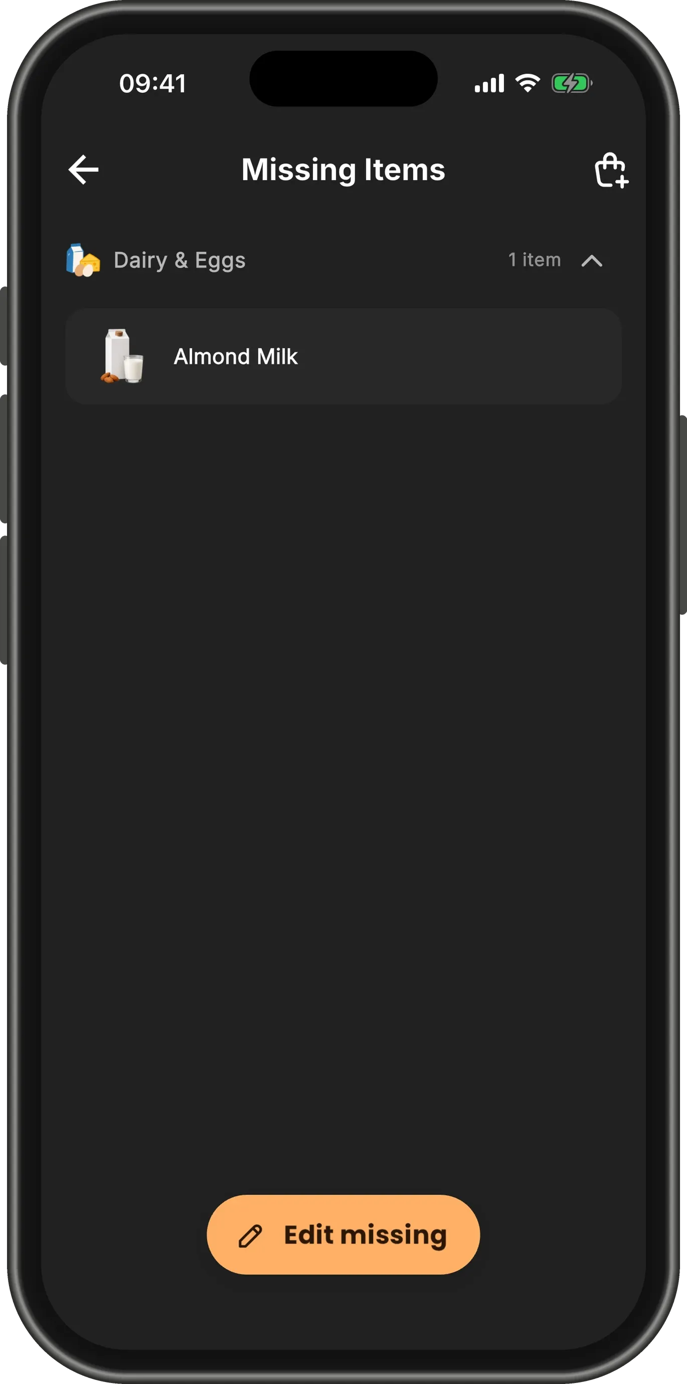 The Missing Items screen with Almond Milk under Dairy & Eggs, and an "Edit missing" button.