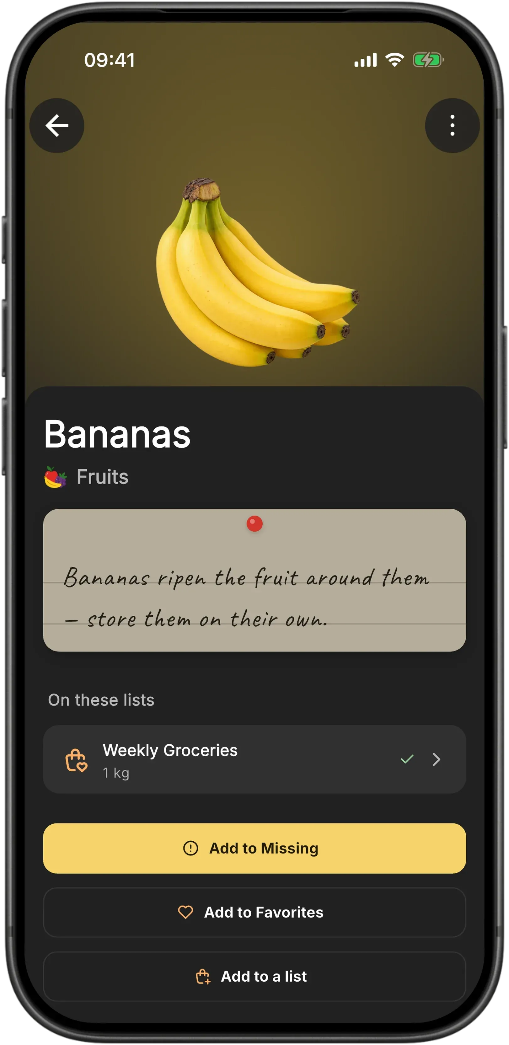 The Baggo item screen for Bananas: a photo of the bunch across the top, its Fruits category, a handwritten note saying that bananas ripen the fruit around them, so they are best stored on their own, and the lists the item is on
