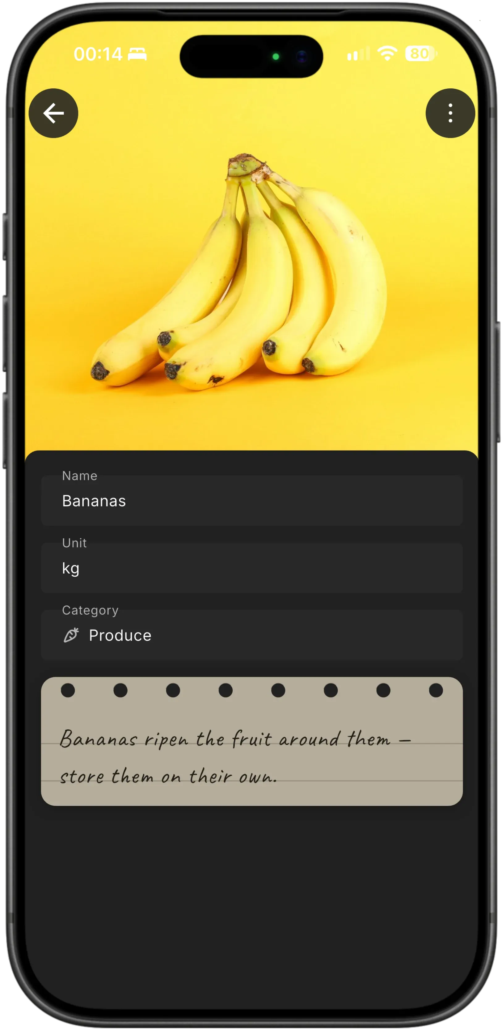 The Baggo item screen for Bananas: a photo of the bunch across the top, then its unit in kilograms, its Produce category, and a handwritten note saying that bananas ripen the fruit around them, so they are best stored on their own