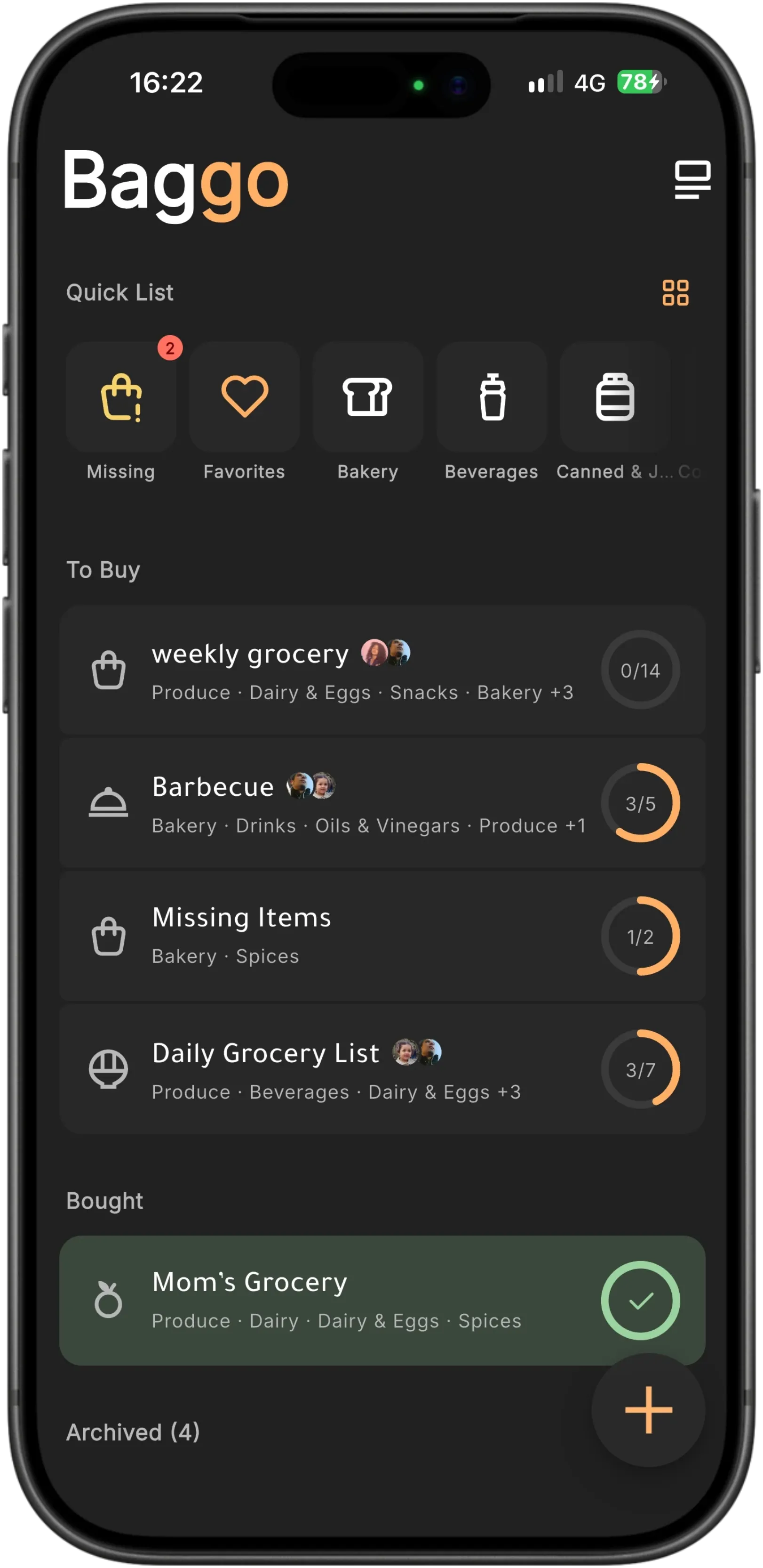 Baggo's home screen on a phone: the Baggo wordmark above a Quick List row of Missing, Favorites, Bakery and Beverages shortcuts, then the shopping lists (weekly grocery, Barbecue, Missing Items and Daily Grocery List), each with the faces of the people sharing it and a progress ring, and a completed Mom's Grocery below.