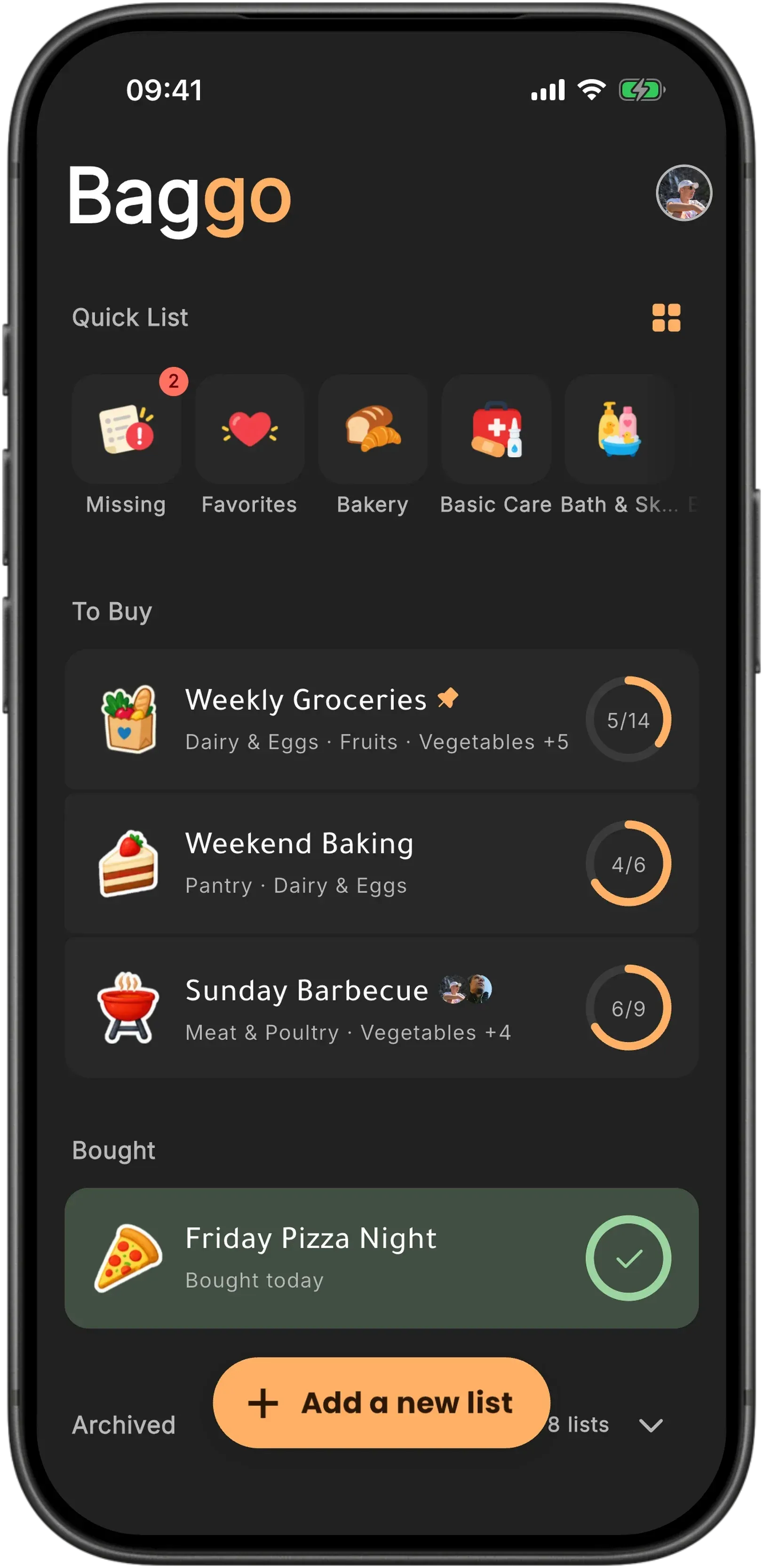 Baggo's home screen on a phone: the Baggo wordmark above a Quick List row of Missing, Favorites, Bakery and Basic Care shortcuts, then the lists still to buy (Weekly Groceries, Weekend Baking and Sunday Barbecue, shared with a friend), each with a progress ring, a finished Friday Pizza Night under Bought, and an Archived section below.