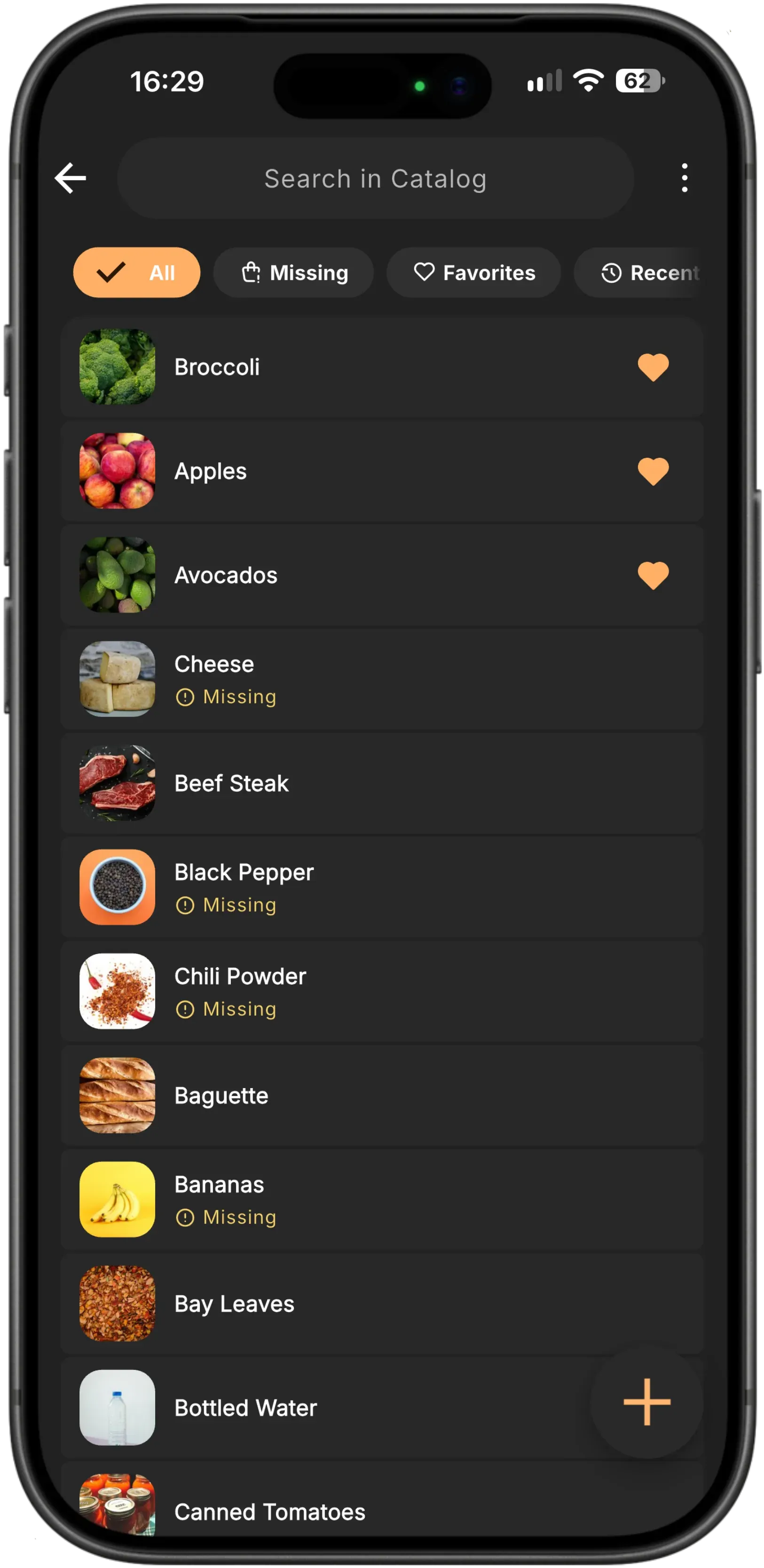 The Baggo catalog: a search field over filter chips for All, Missing, Favorites and Recent, then a run of items (Broccoli, Apples, Avocados, Cheese, Beef Steak), each with its own photo, some hearted and some flagged missing