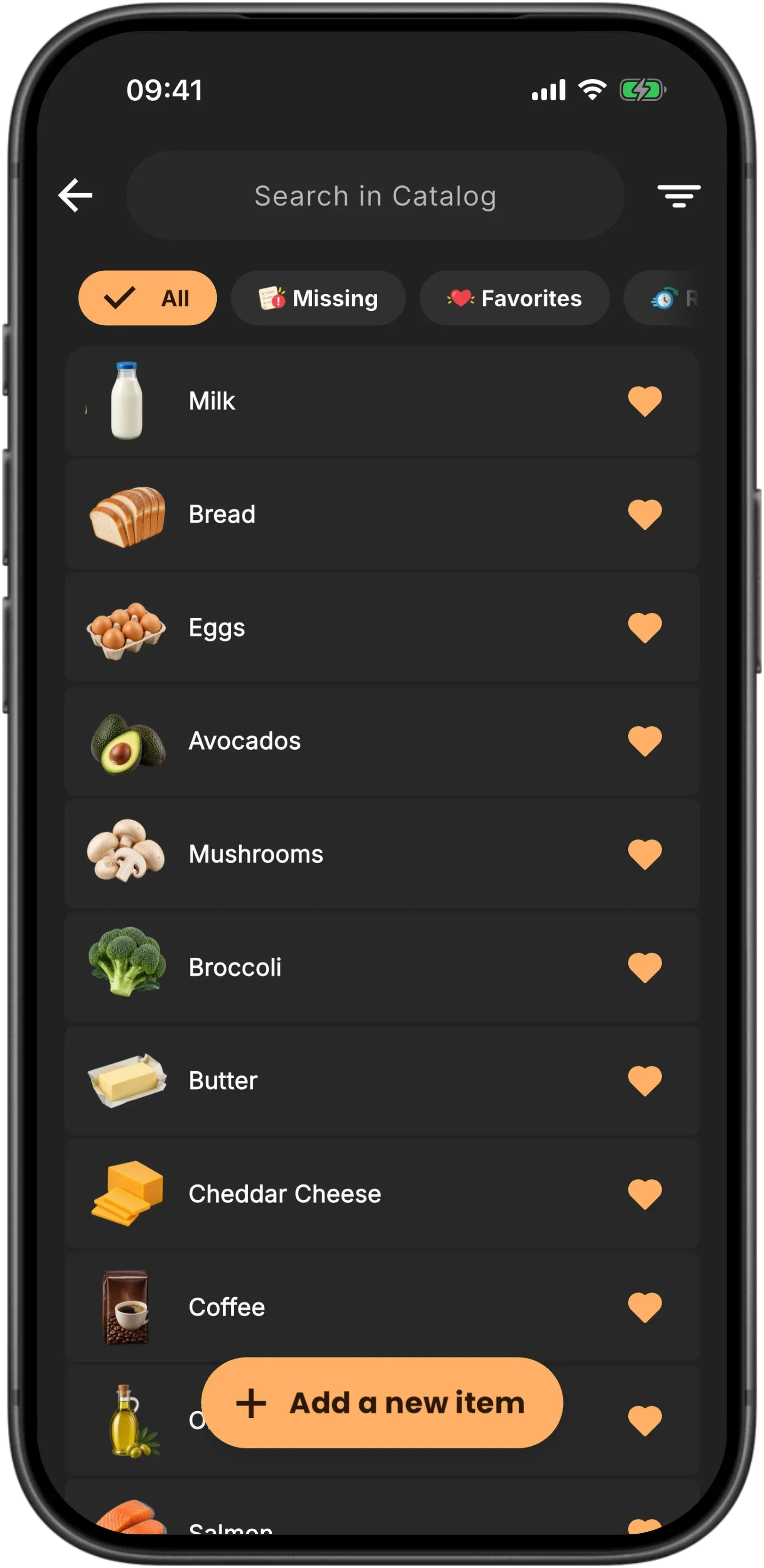 The Baggo catalog: a search field over filter chips for All, Missing and Favorites, then a run of items (Milk, Bread, Eggs, Avocados, Mushrooms, Broccoli), each with its own photo and a favourite heart