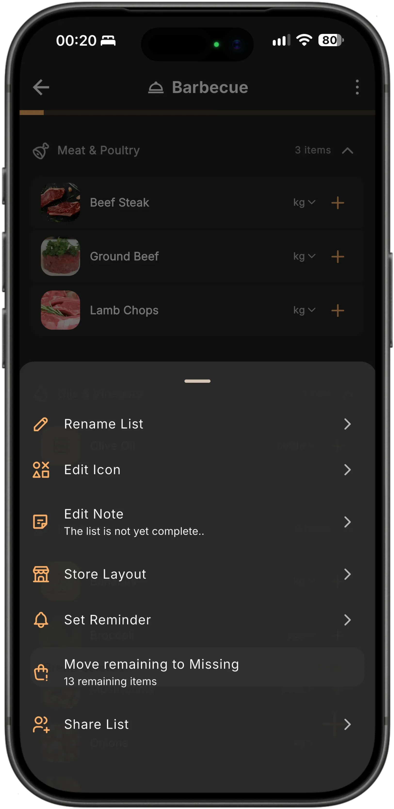 The options for a Baggo list called Barbecue: rename it, edit its icon or its note, set a store layout or a reminder, share it, and Move remaining to Missing, which reads "13 remaining items"