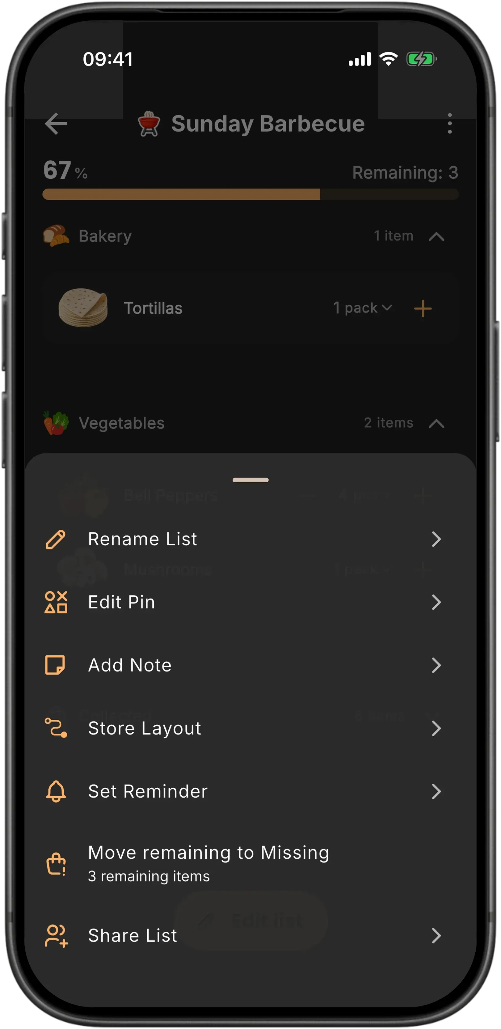 The options for a Baggo list called Sunday Barbecue: rename it, edit its pin or its note, set a store layout or a reminder, and Move remaining to Missing, which reads "3 remaining items", then Share List