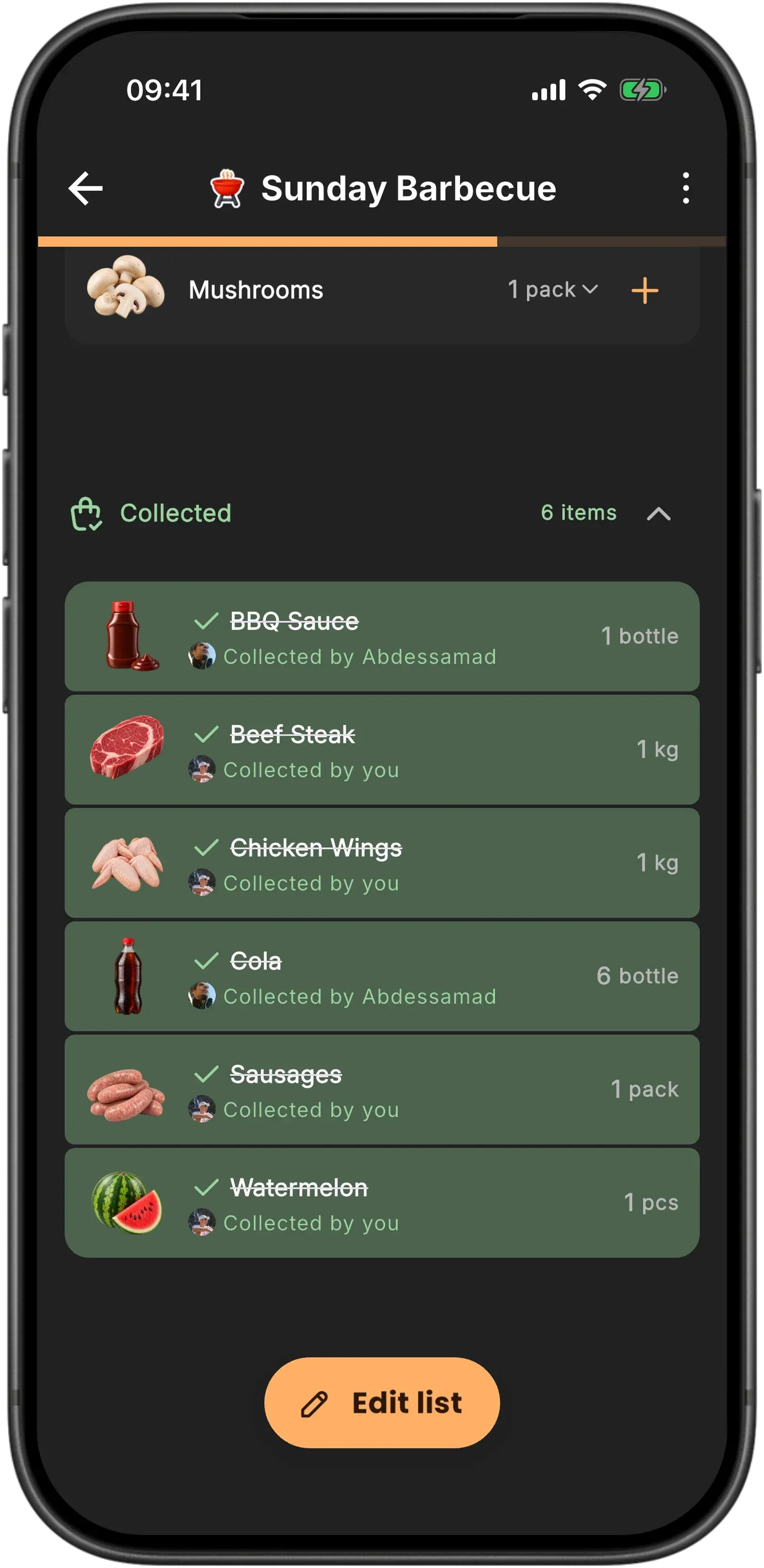 A shared Baggo list called Sunday Barbecue: a Collected section of six items (BBQ Sauce, Beef Steak, Chicken Wings, Cola, Sausages and Watermelon), each tinted green and credited either "Collected by you" or "Collected by" the friend who picked it up