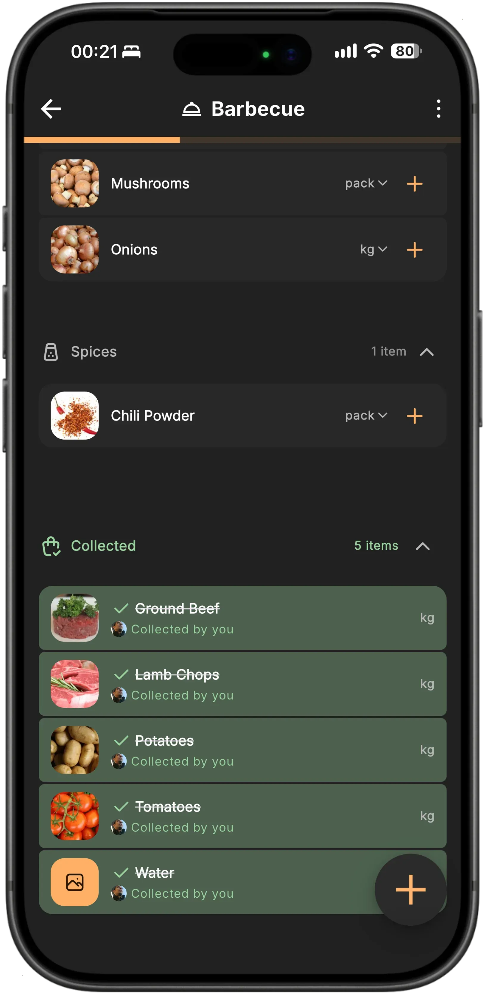 A shared Baggo list called Barbecue: mushrooms and onions still to get, then a Collected section of five items (ground beef, lamb chops, potatoes, tomatoes and water), each tinted green and credited "Collected by you"