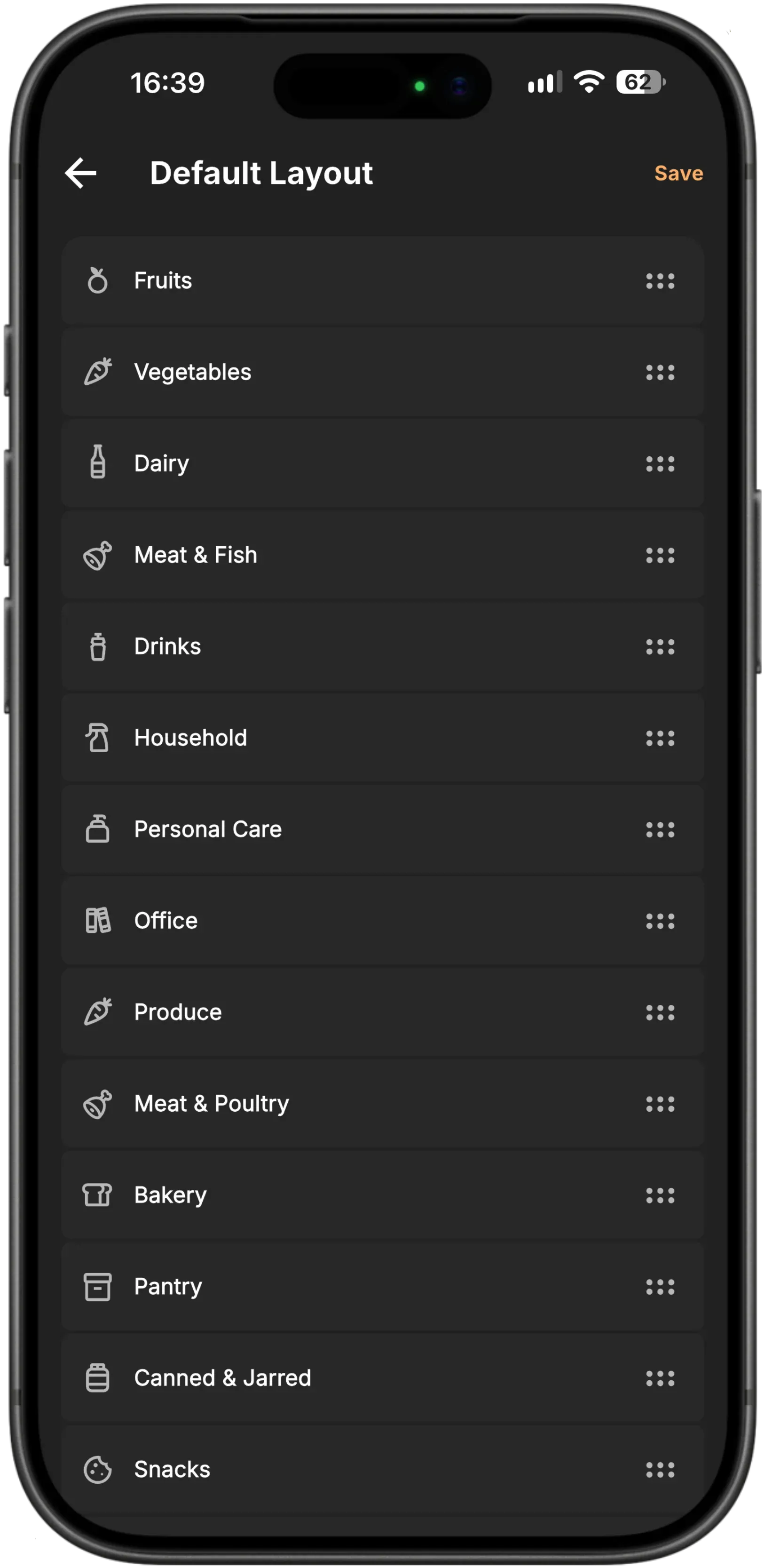 A Baggo store layout named Default Layout: Fruits, Vegetables, Dairy, Meat & Fish, Drinks, Household and the rest listed in walking order, each with a handle for dragging it up or down the aisle