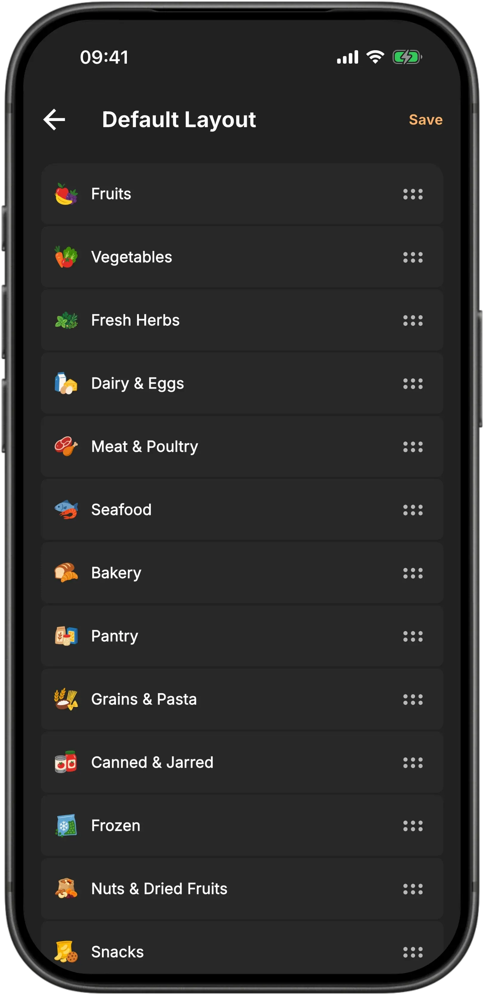 A Baggo store layout named Default Layout: Fruits, Vegetables, Fresh Herbs, Dairy & Eggs, Meat & Poultry, Seafood and the rest listed in walking order, each with a handle for dragging it up or down the aisle