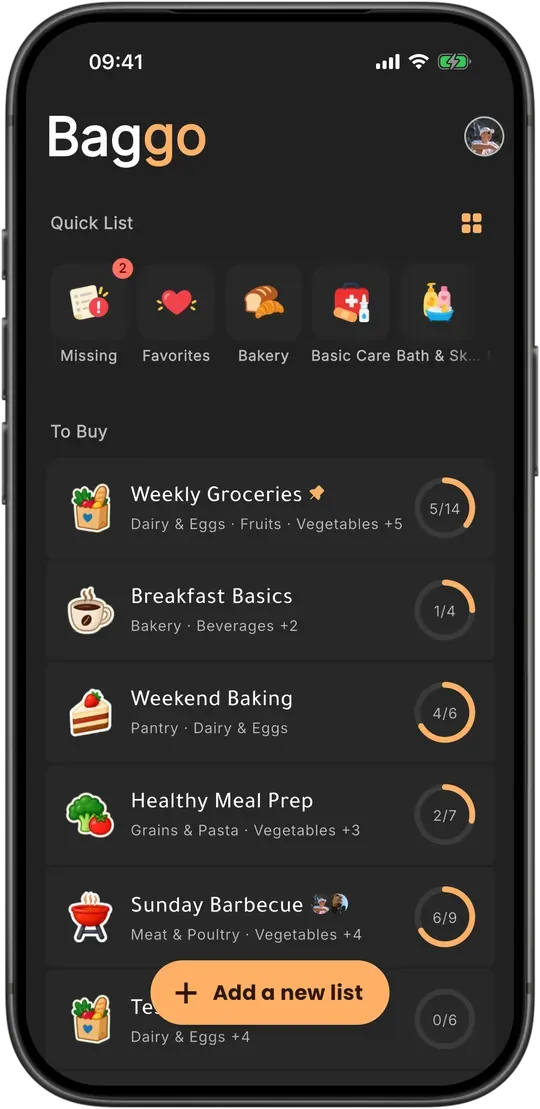 Baggo's home screen in dark mode with the Default colour scheme.