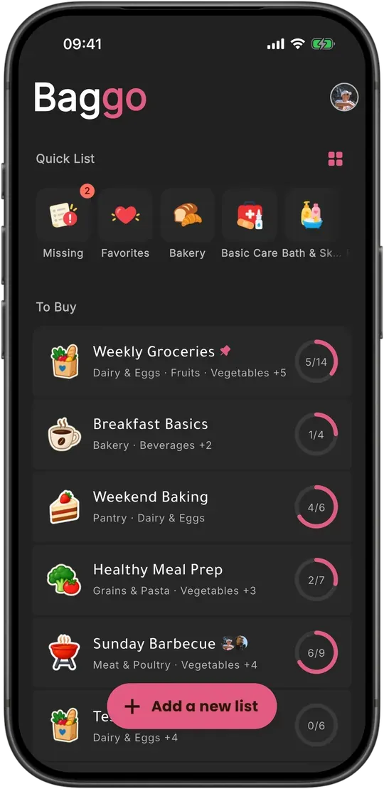 Baggo's home screen in dark mode with the Doha colour scheme.