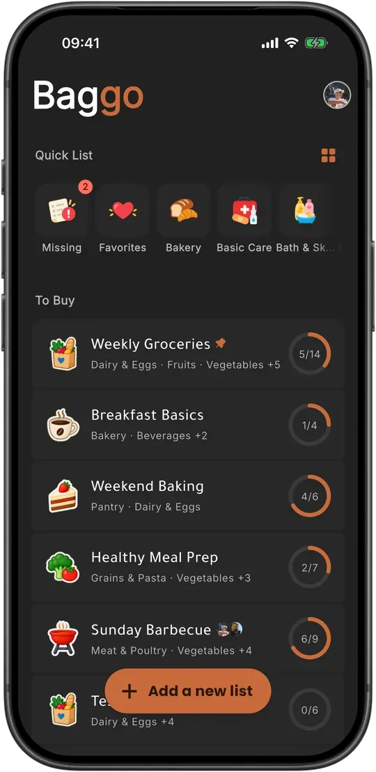 Baggo's home screen in dark mode with the Marrakech colour scheme.