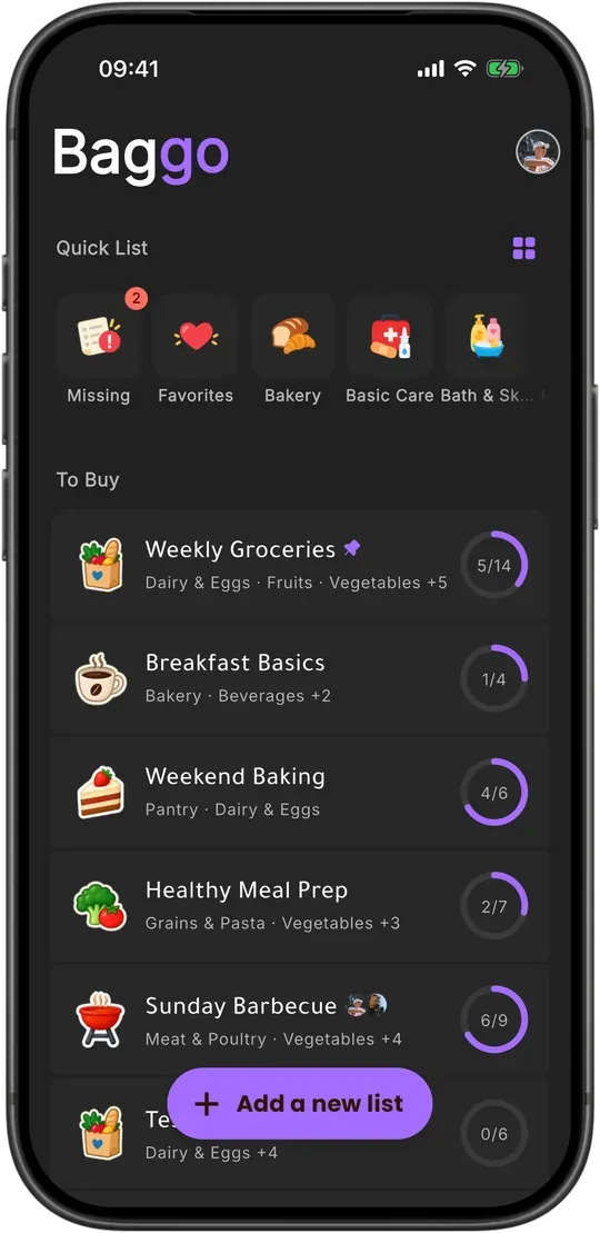 Baggo's home screen in dark mode with the Seoul colour scheme.