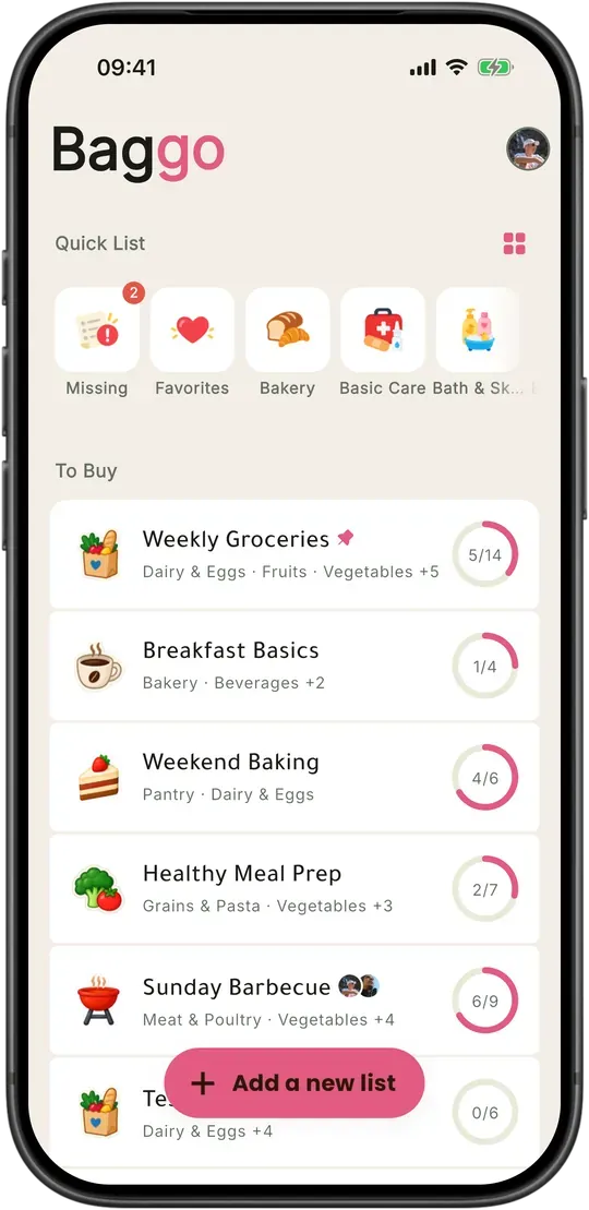 Baggo's home screen in light mode with the Doha colour scheme.