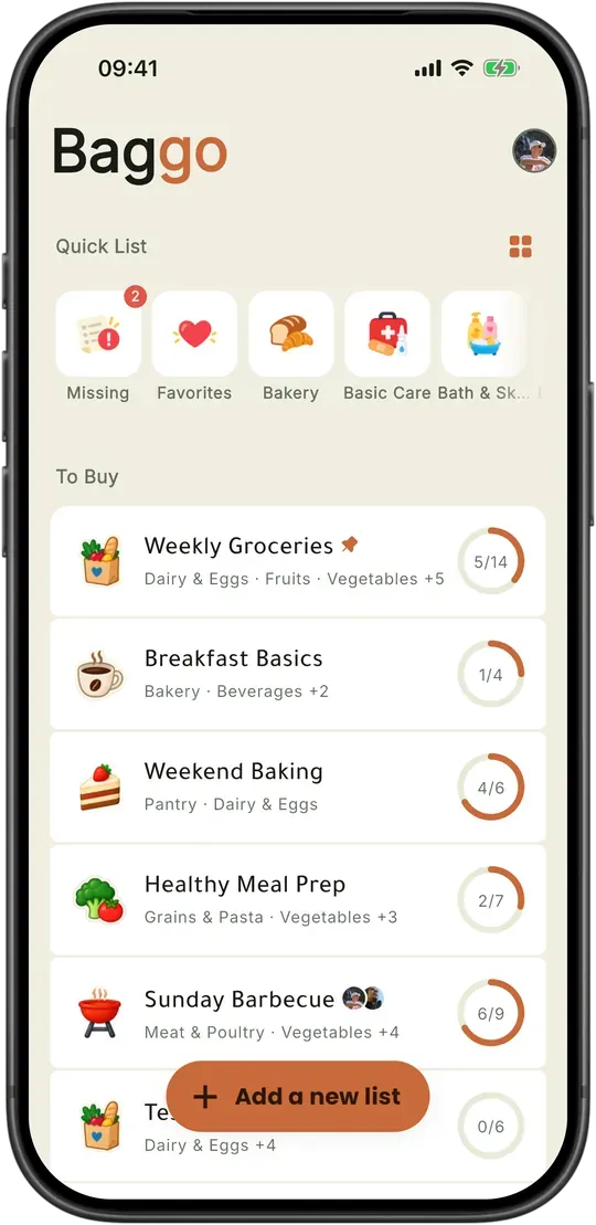 Baggo's home screen in light mode with the Marrakech colour scheme.